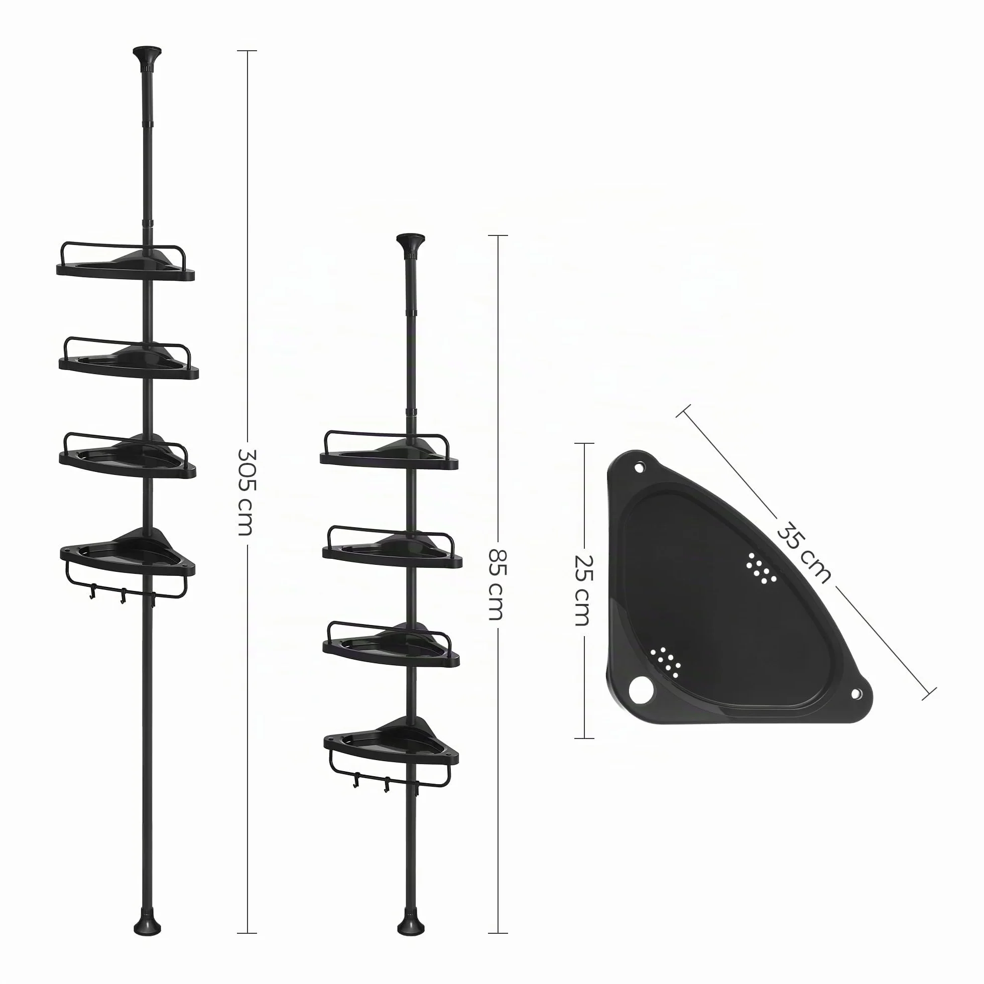 SONGMICS Étagère de Douche Réglable 4 Niveaux, Étagère d'angle Télescopique, Hauteur 85-305 cm, Rangement Salle de Bain Noir