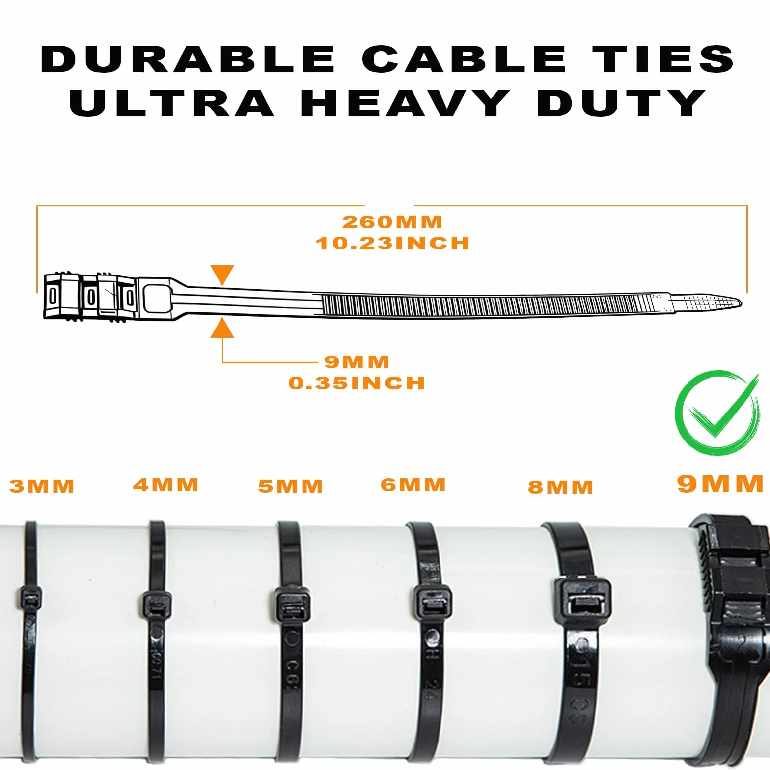 Attache Cable 100 Pièces 260mm Double Verrou Noir Résistant UV 90KG