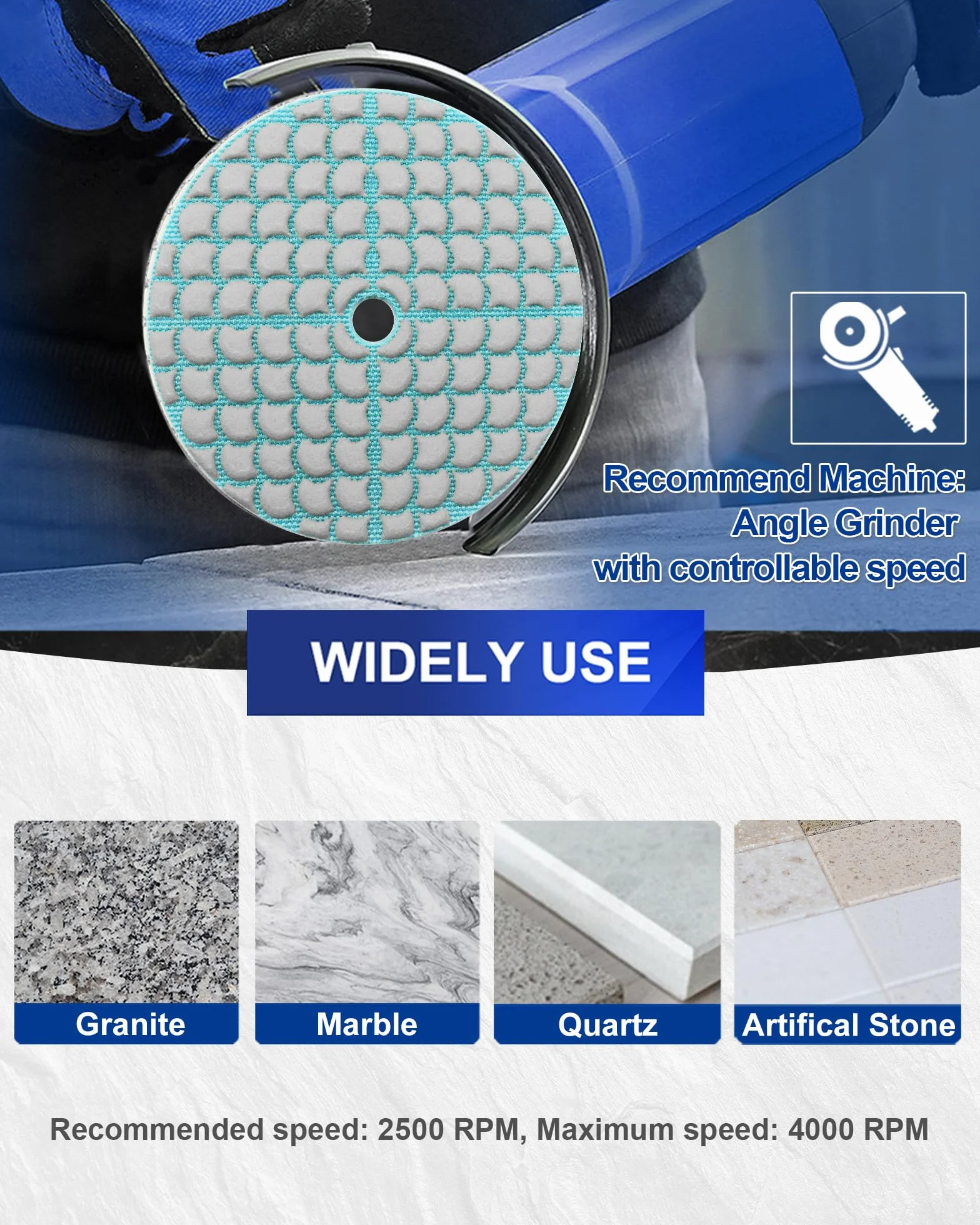 SHDIATOOL Disque Diamant Polissage Grain 50 8 Pièces Tampons Polissage 100mm Granit Marbre Quartz Pierre Artificielle Sec Meuleuses Angle