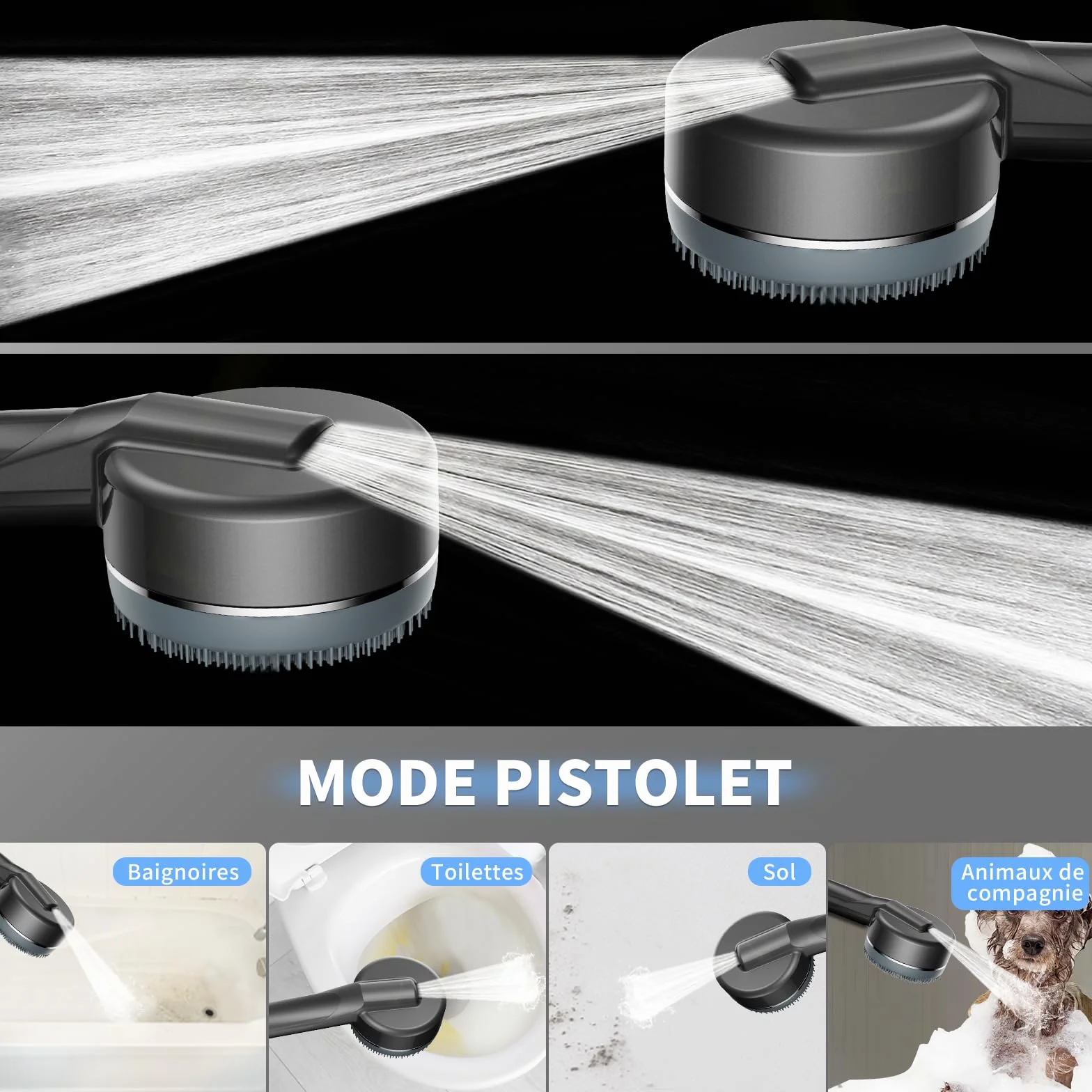 Pommeau Douche Haute Pression Anti Calcaire avec Filtre 15 Étapes Tuyau 1,5M Support 4 Jets Gris