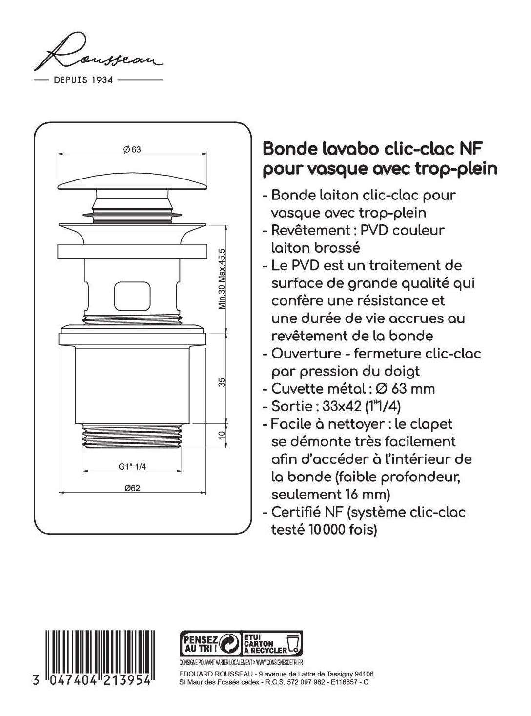 Edouard Rousseau Bonde de Lavabo Clic-Clac 63 mm avec Trop Plein Laiton Brossé