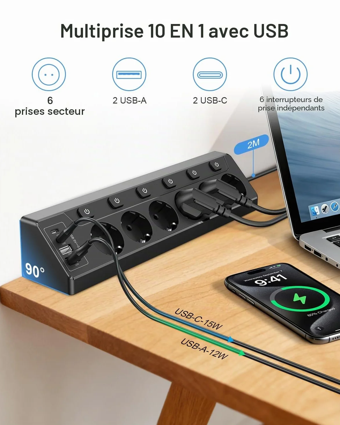 Prise Plan de Travail Cuisine, Multiprise 6 Prises avec 2 Ports USB A et 2 Ports USB C, Interrupteur, Rallonge 2m
