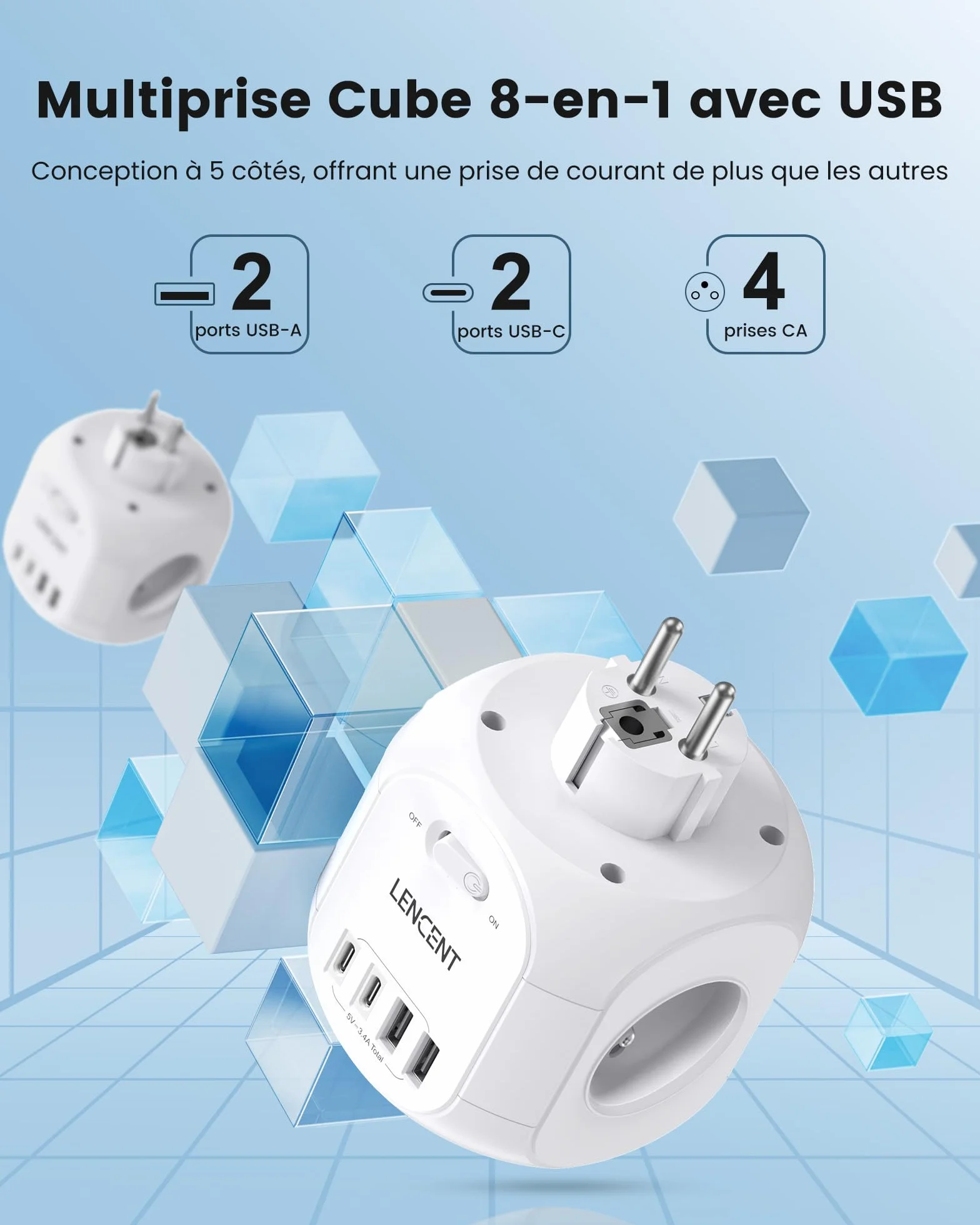 LENCENT Multiprise Murale Cube 8 en 1 4 Prises 2 Type C 2 USB A 4000W Adaptateur Secteur