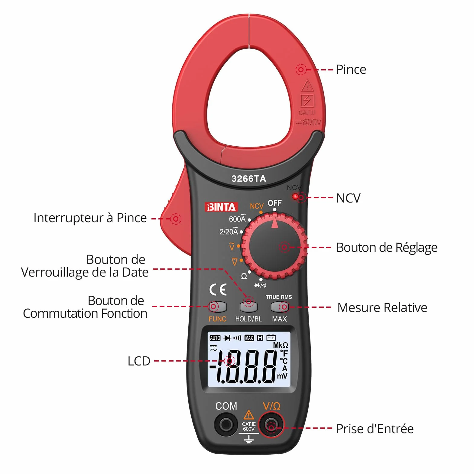BINTA Pince Ampèremétrique Numérique 600A AC TRMS Multimètre 2000 Points Auto Range Tension AC/DC 600V NCV
