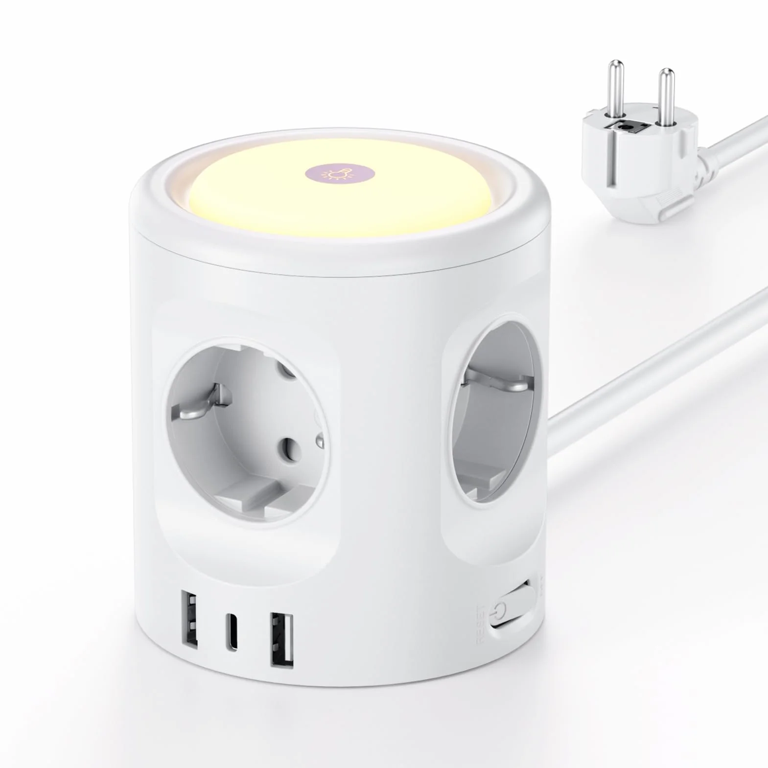 Multiprise avec lumière 4 Prises + 3 USB, Protection S.O., Cube 3 Modes écl., 2 m, 16 A