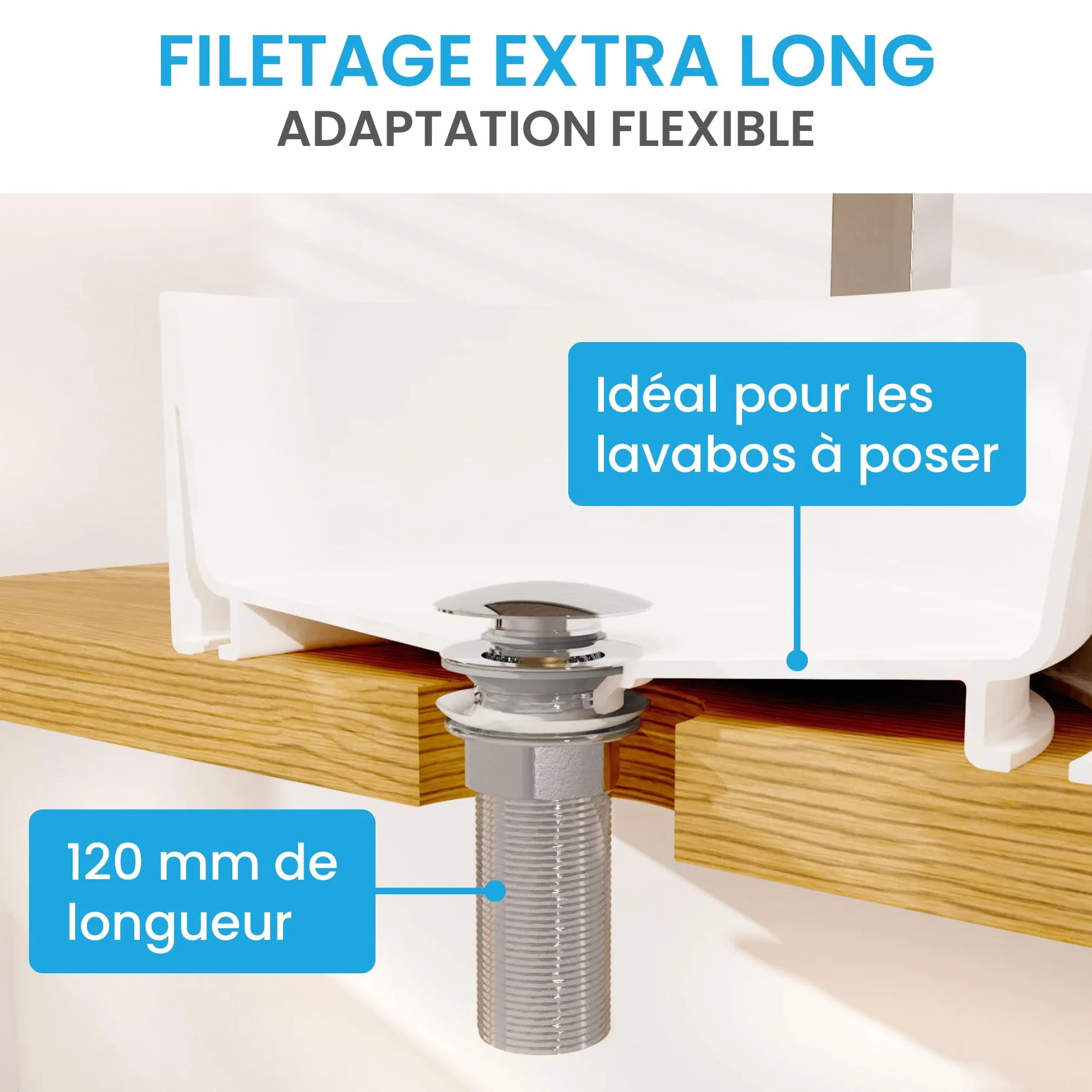 Bächlein Bonde universelle extra longue sans trop-plein chrome Valve Pop Up lavabo à poser