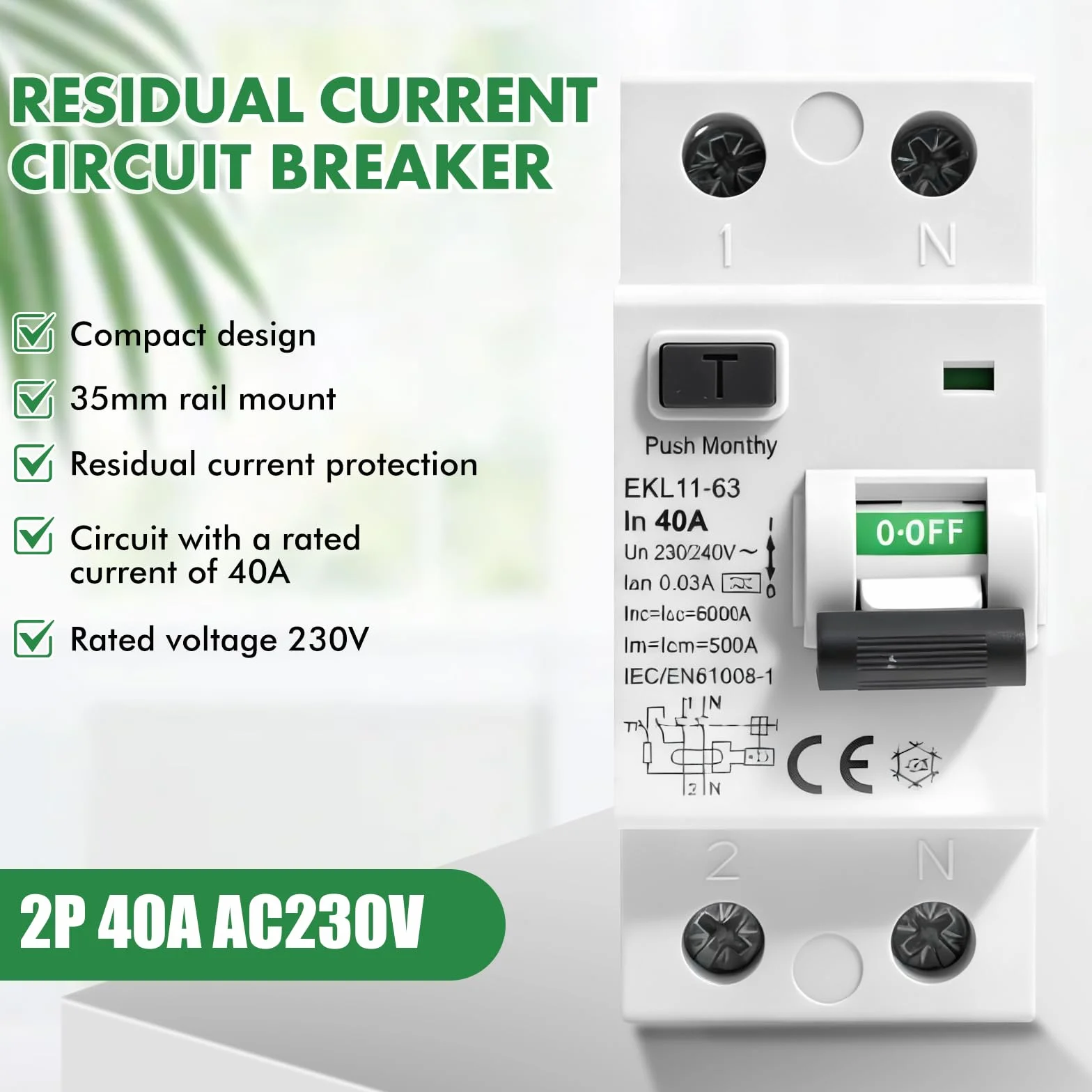 Jadeshay Disjoncteur différentiel 30mA 40A 2 Pôles RCCB Type A Protection fuites AC230V IP20