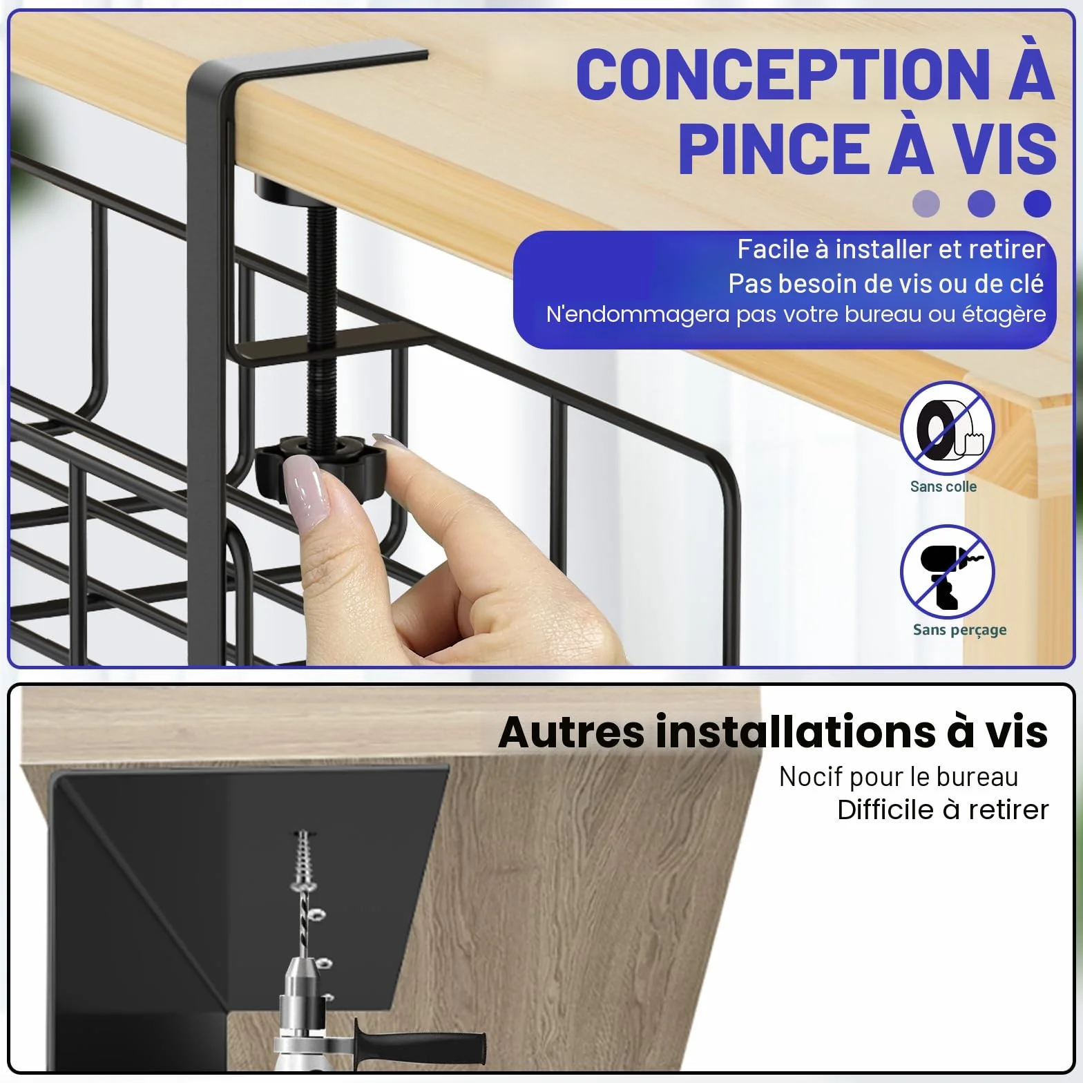 REFLYING Plateau Sous le Bureau Gestion Câbles Multiprises Noir 1 Pièce