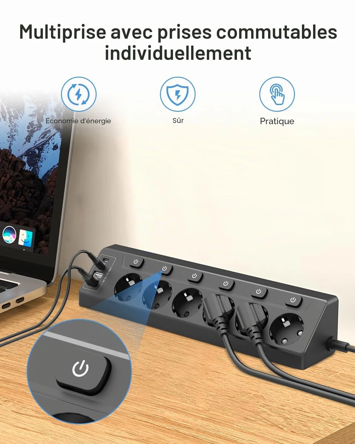 Prise Plan de Travail Cuisine, Multiprise 6 Prises avec 2 Ports USB A et 2 Ports USB C, Interrupteur, Rallonge 2m