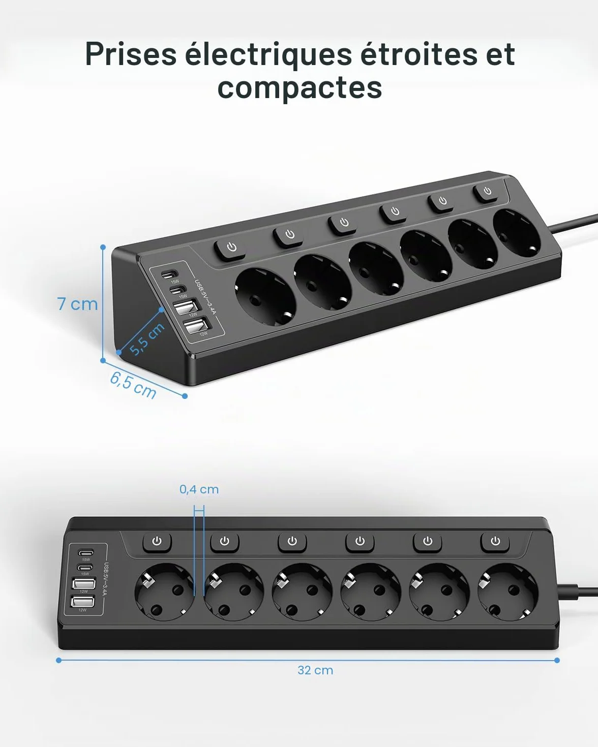 Prise Plan de Travail Cuisine, Multiprise 6 Prises avec 2 Ports USB A et 2 Ports USB C, Interrupteur, Rallonge 2m