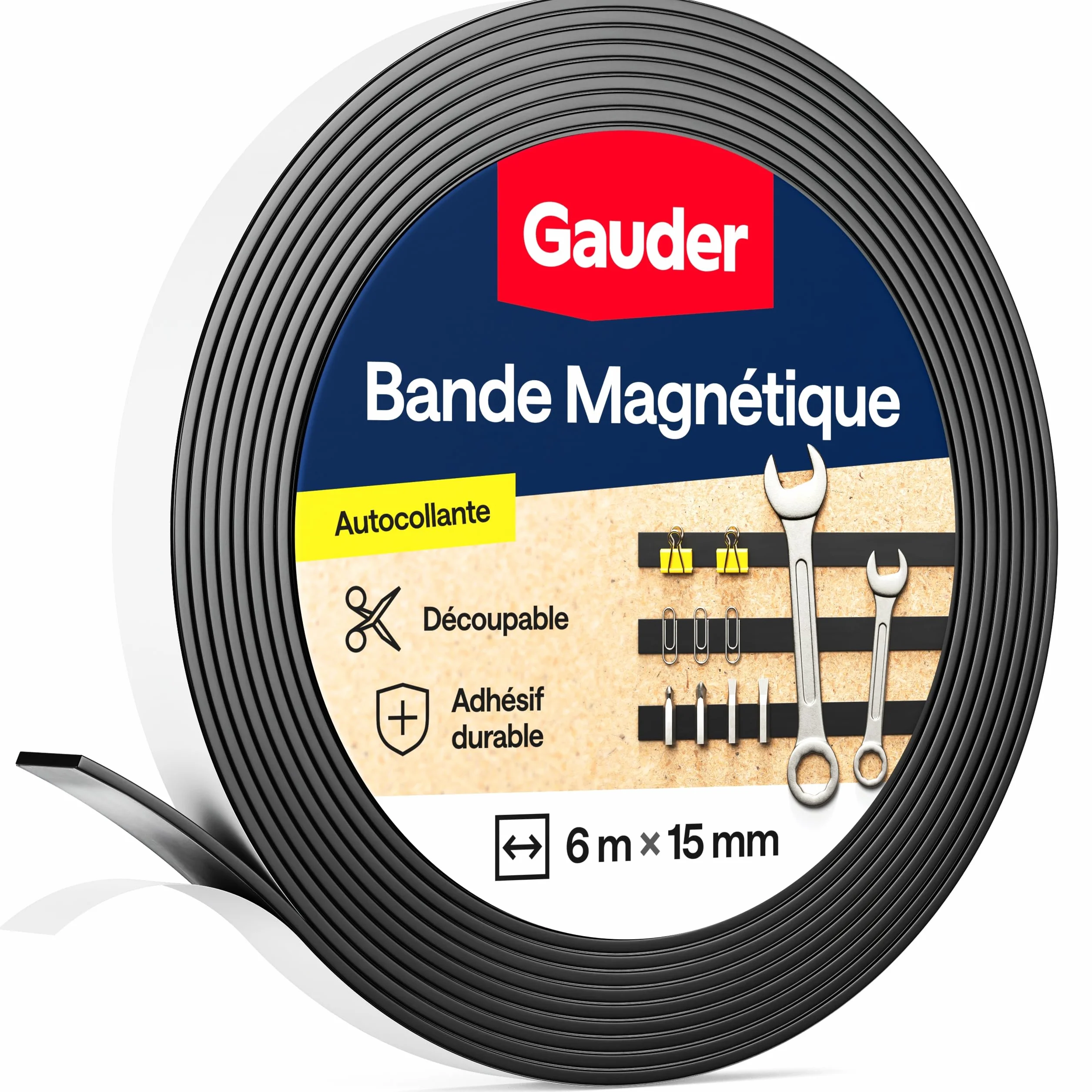 GAUDER Bande Magnétique Autocollante 3M - Ruban Magnétique Puissant à Découper - 6 m x 15 mm