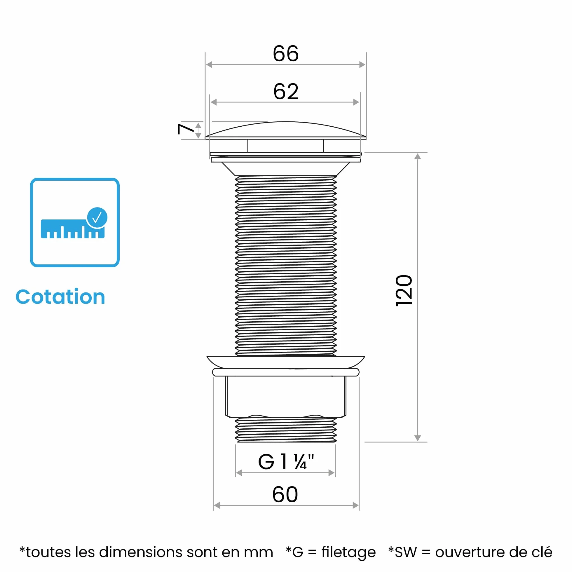 Bächlein Bonde universelle extra longue sans trop-plein chrome Valve Pop Up lavabo à poser