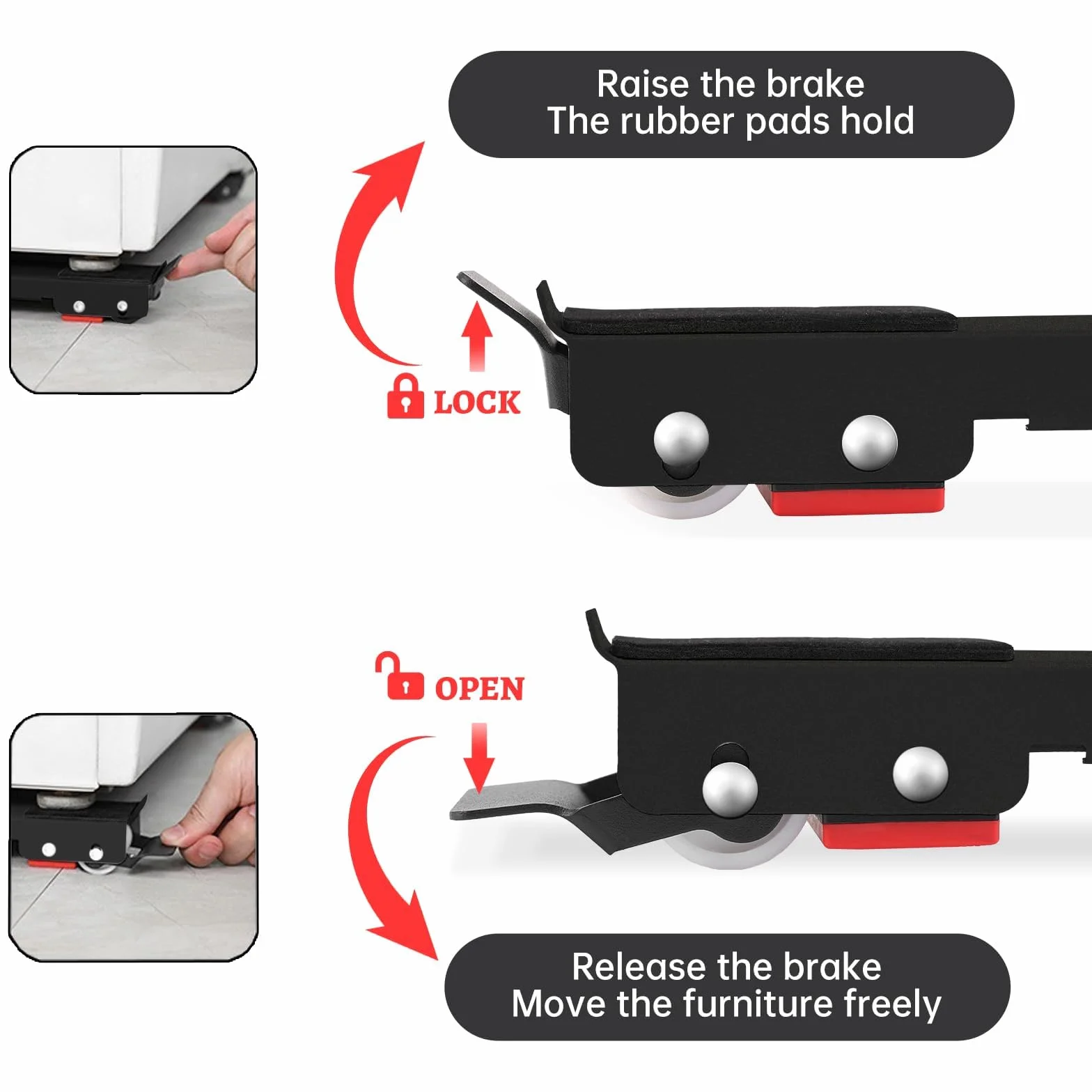 Lot de 2 Roulettes de Transport Mobiles Lave-Linge Sous Châssis pour Réfrigérateur Sèche-Linge 300 kg Avec Frein 18 Roue Noir