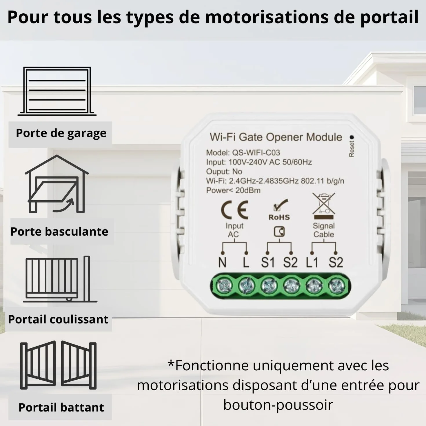 Sone Smart One Ouvre Portail Connecté WiFi 2.4GHz 230V Contact Sec - Compatible Tuya Smart Life Alexa Google Home - Capteur Inclus 46x46x18mm