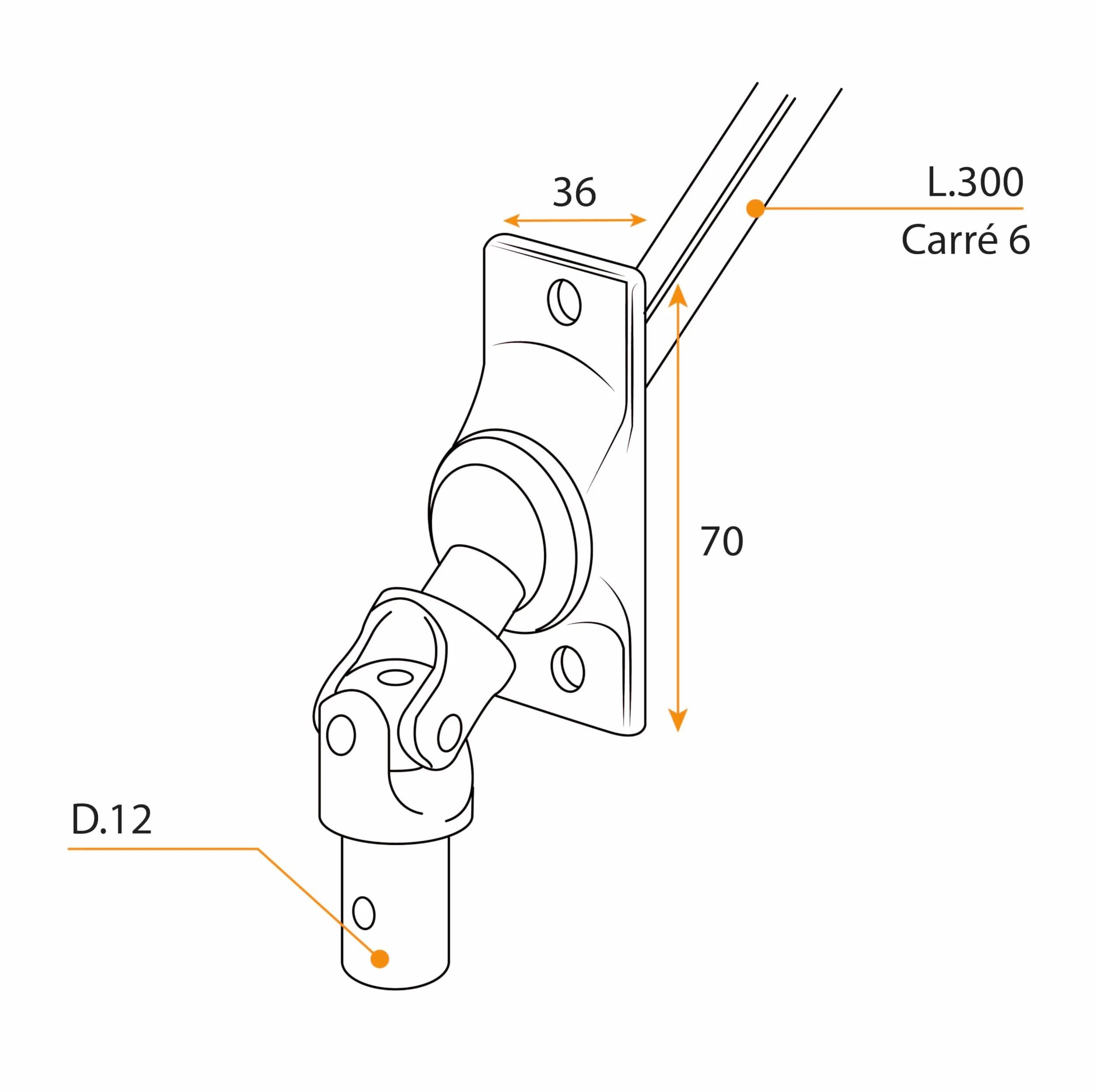 Sortie de caisson carré 6 mm tourillon 12 mm simple cardan 45° acier longueur tige 250 mm pour store et volets roulants Geiger