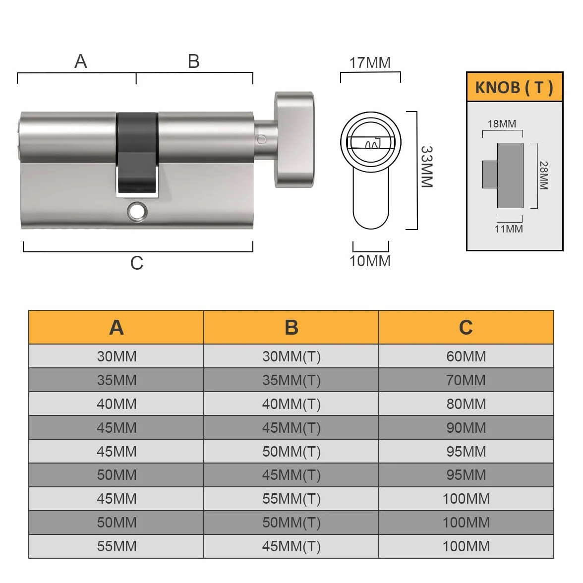 Bwintech Cylindre Euro Laiton 80mm Thumbturn Serrure Clés Anti-Crochetage Nickel Satiné