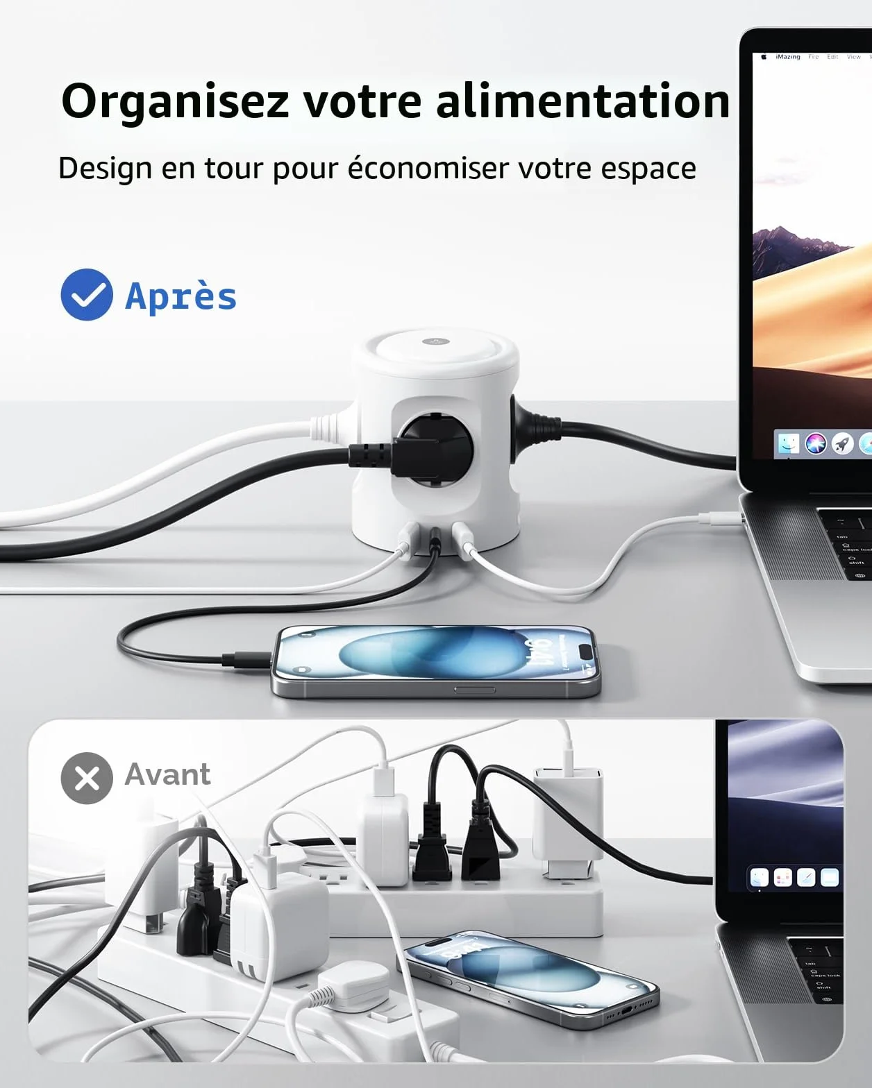Multiprise avec lumière 4 Prises + 3 USB, Protection S.O., Cube 3 Modes écl., 2 m, 16 A