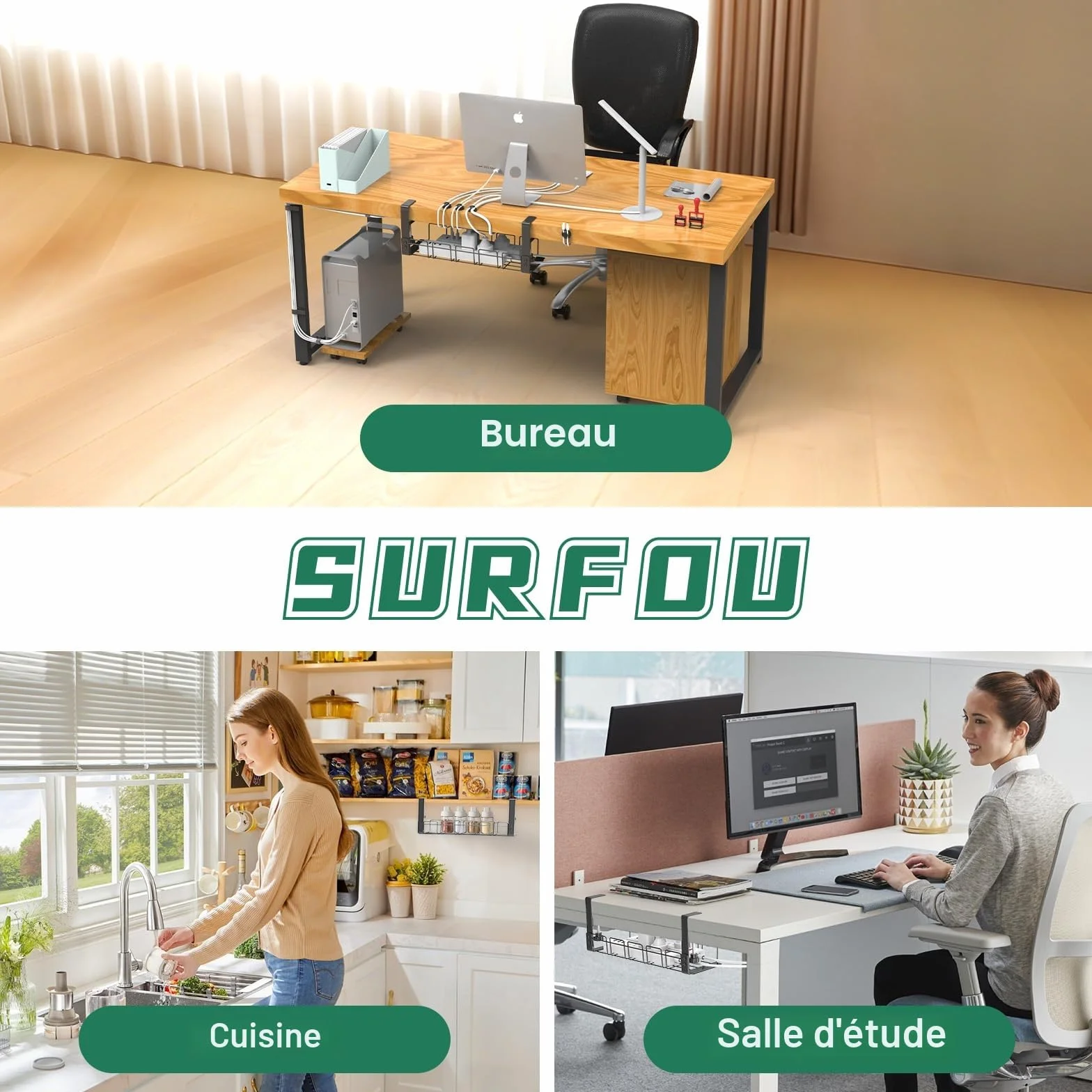 SURFOU Lot de Cable Management, Plateau de Gestion des Câbles sous Bureau sans Perçage, Noir