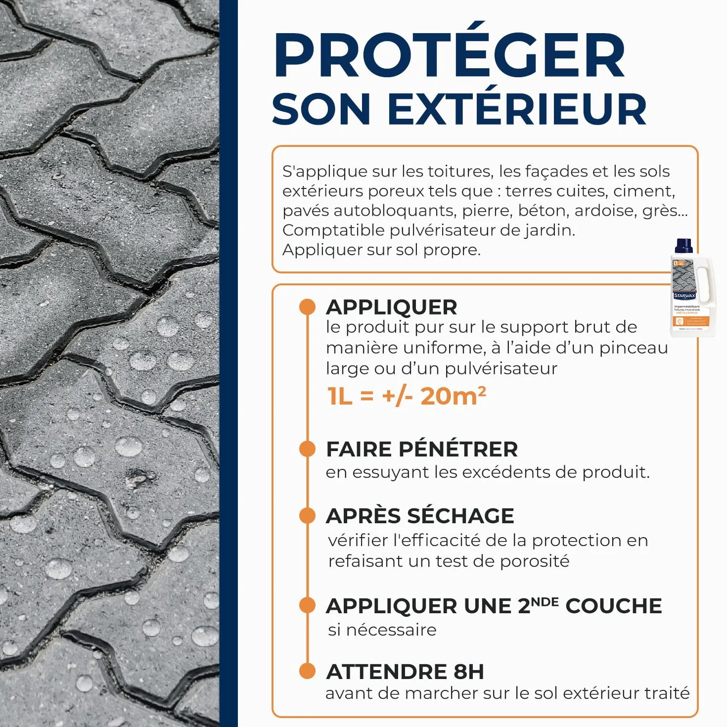 STARWAX Imperméabilisant Toitures Murs Sols Protection Hydrofuge Oléofuge Effet Déperlant Non Glissant Fabriqué France 1L