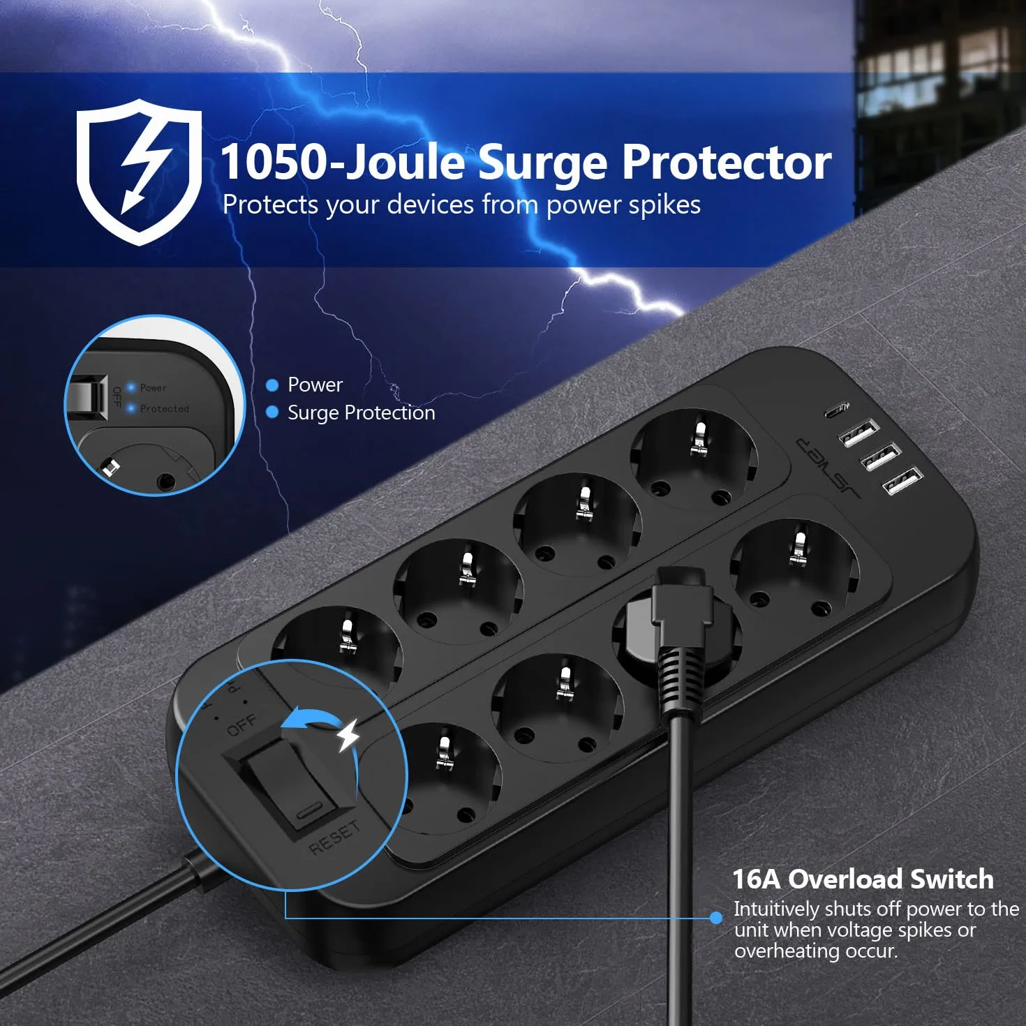 JSVER Multiprise 8 Prises USB C USB A Parasurtenseur Cordon 2m Noir