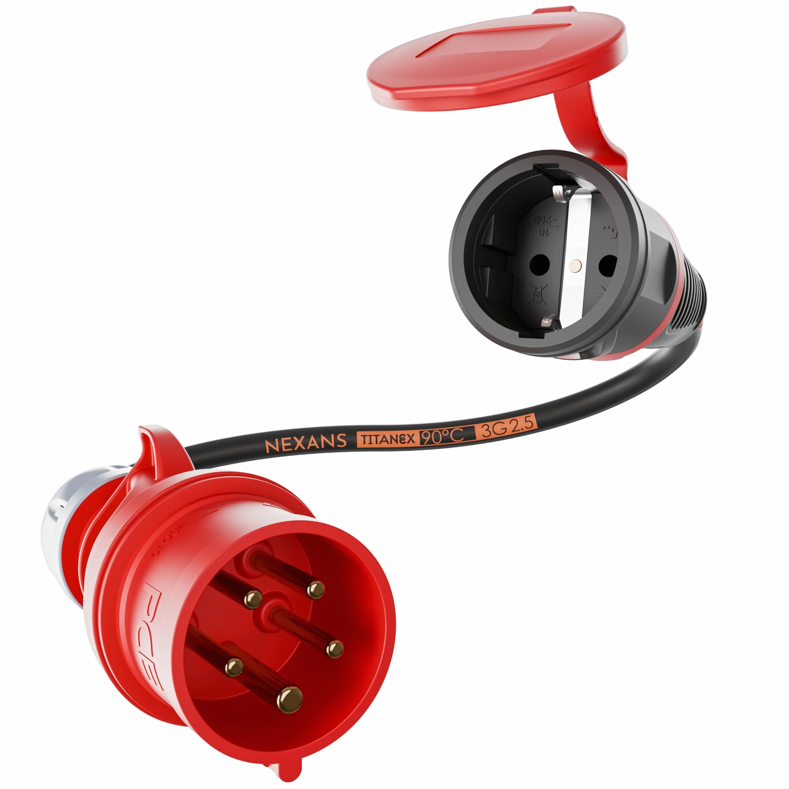 Adaptateur NWP 16 A 400 V vers prise Schuko 230 V IP44 3 x 2,5 mm² Câble en caoutchouc