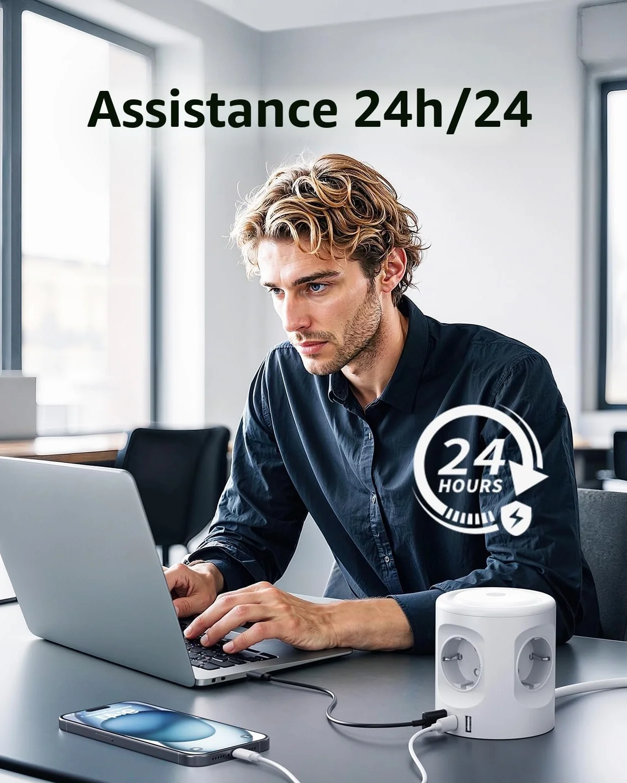 Multiprise avec lumière 4 Prises + 3 USB, Protection S.O., Cube 3 Modes écl., 2 m, 16 A