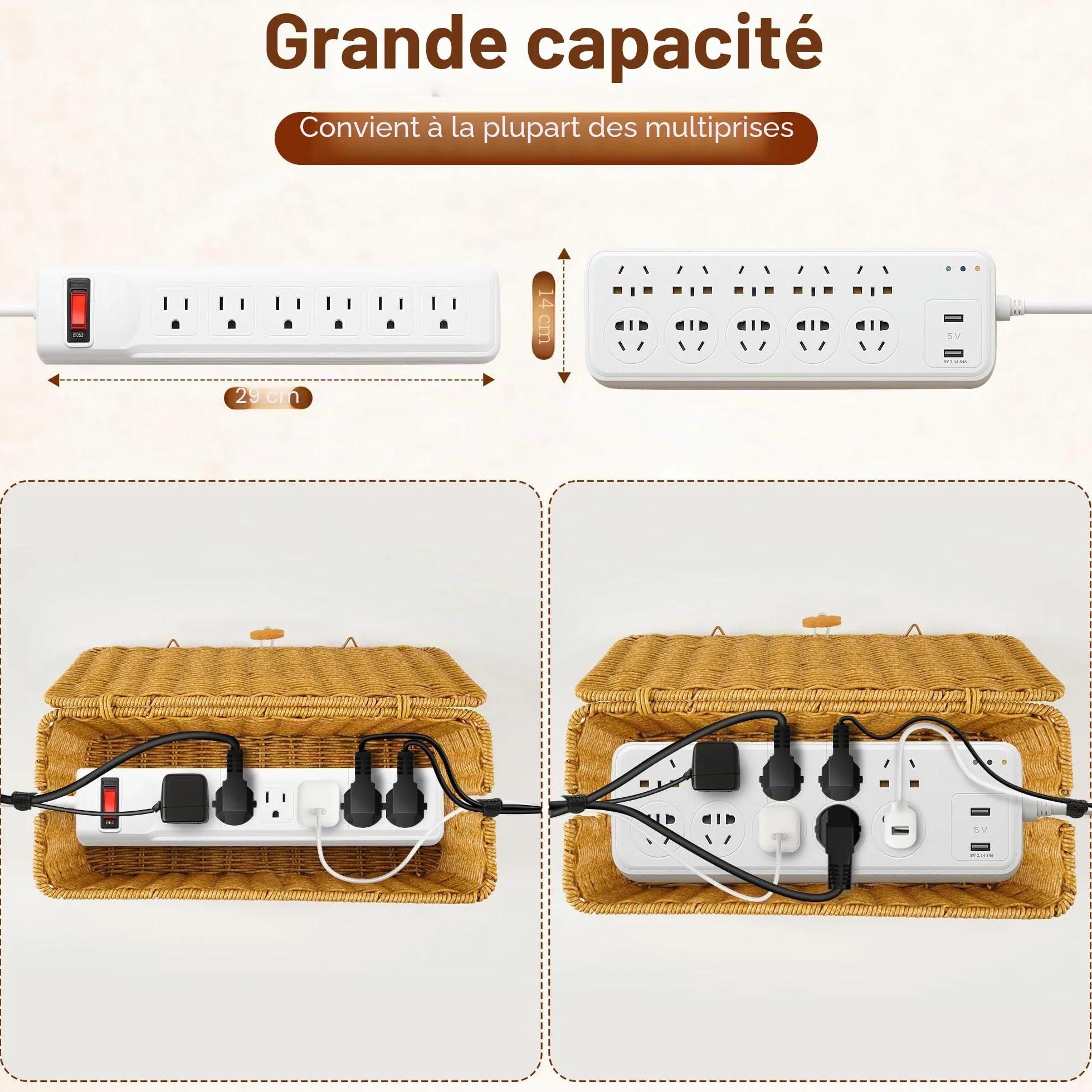 Gucass Lot de 2 Boîte Rangement Câble avec Couvercle, Boîte Organisation Câbles Rotin, Multiprise Cacher Câbles Grande Moyenne