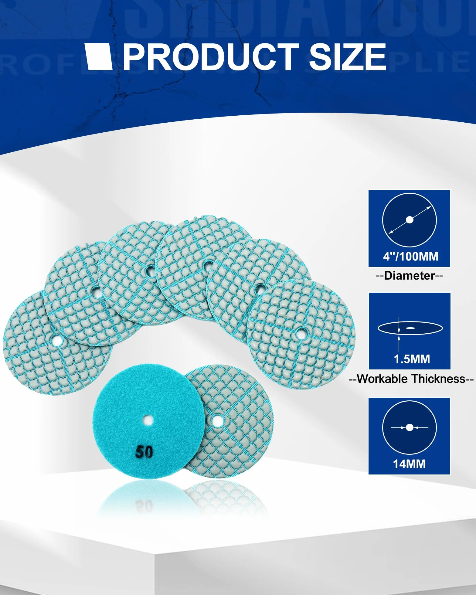 SHDIATOOL Disque Diamant Polissage Grain 50 8 Pièces Tampons Polissage 100mm Granit Marbre Quartz Pierre Artificielle Sec Meuleuses Angle