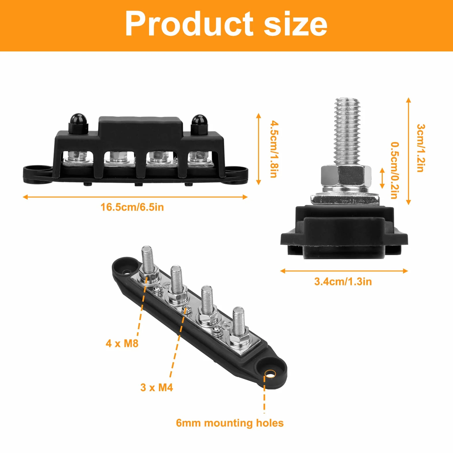Bloc de Distribution d'Alimentation 12V-48V DC BusBar 250A avec Boulons M8 pour Voiture Camion Bateau 2 Pièces