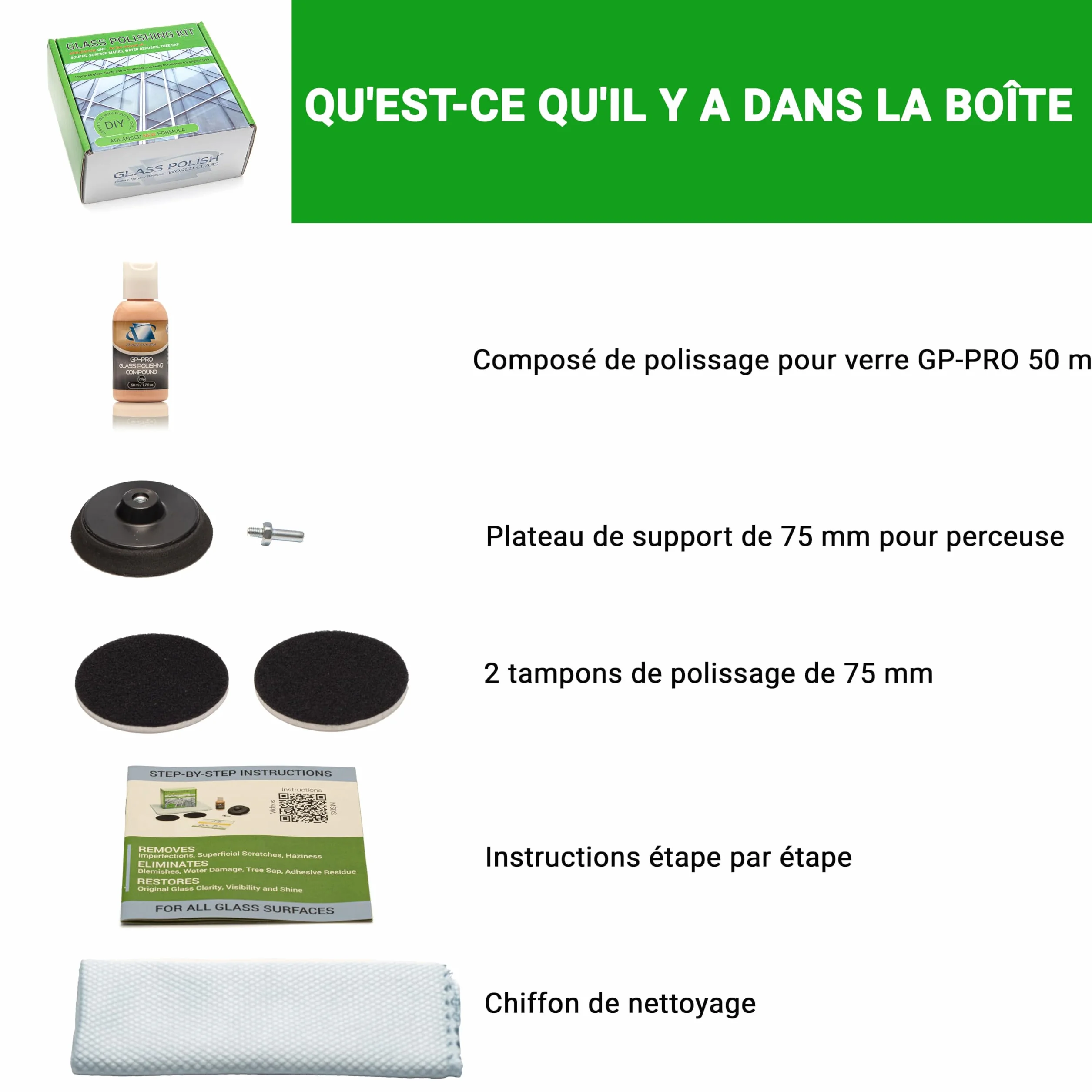 Kit de Polissage pour Verre 75 mm pour Perceuse Électrique - Élimine Rayures et Restaure Brillance