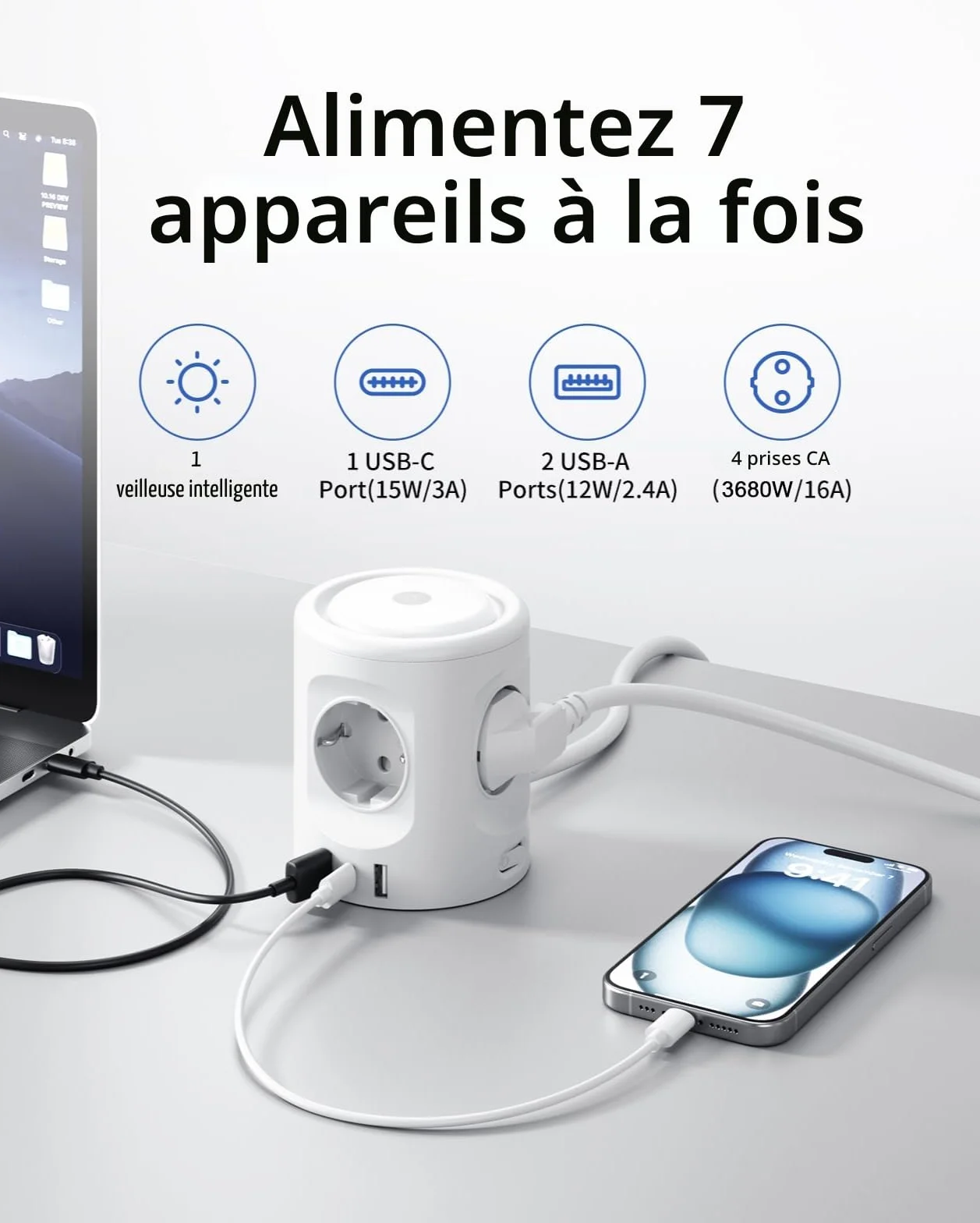 Multiprise avec lumière 4 Prises + 3 USB, Protection S.O., Cube 3 Modes écl., 2 m, 16 A