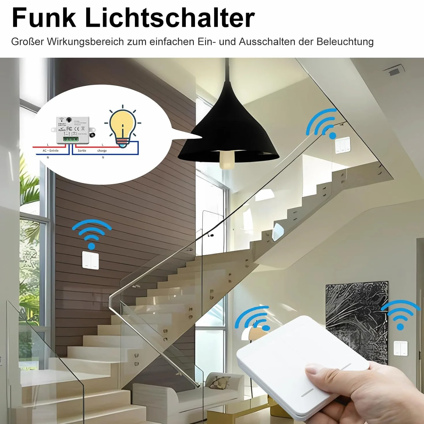 ARCELI Interrupteur Sans Fil Kit 433Mhz 2200W/10A 1 RF 2 Récepteurs Éclairage Intelligent 30-50M