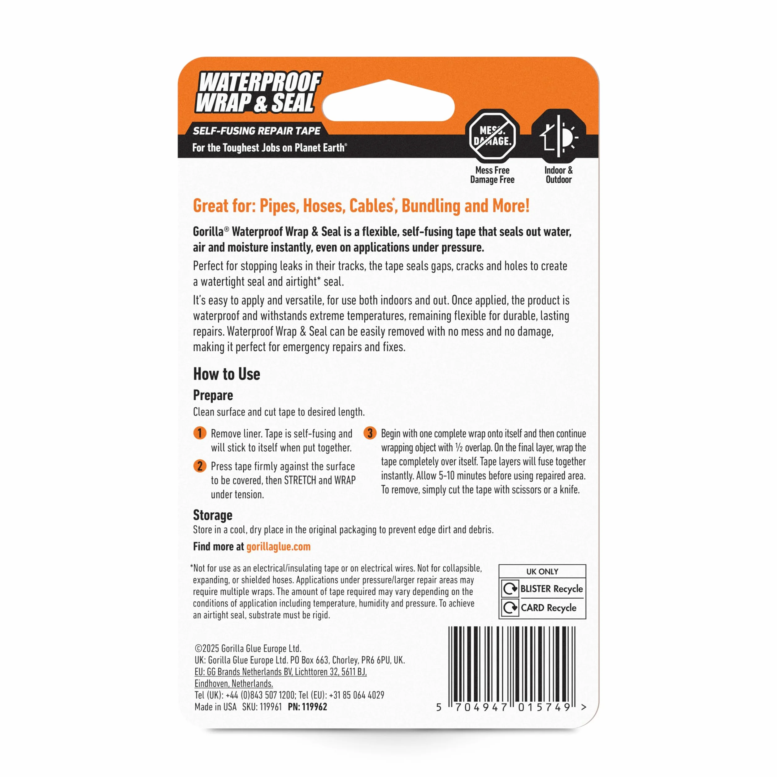 Ruban adhésif étanche noir 2,4 m silicone auto-fusible pour réparation d'urgence des fuites