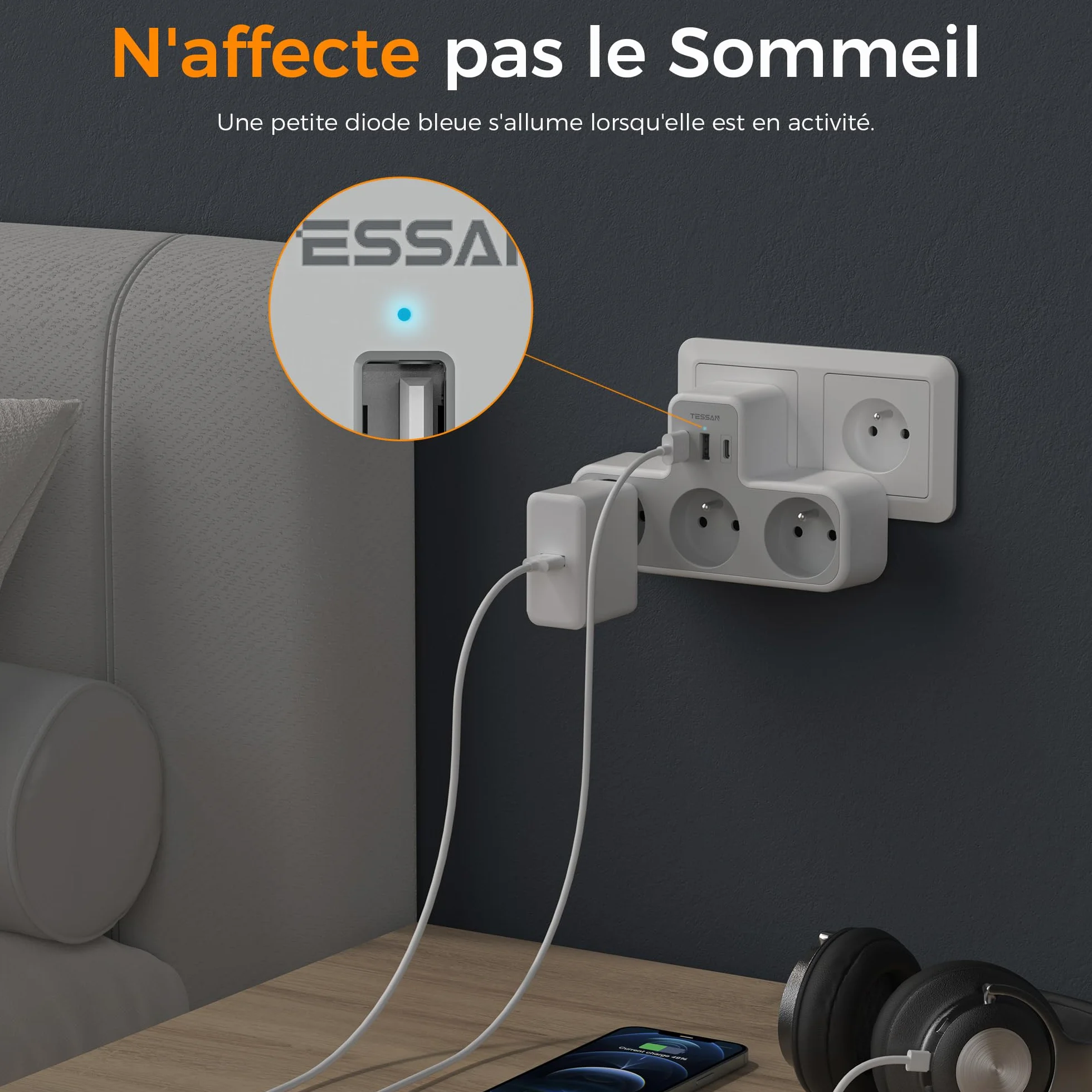 TESSAN Multiprise Murale Française 3 Sortie AC 3 Ports USB 6 en 1 Prise Chargeur 4000W