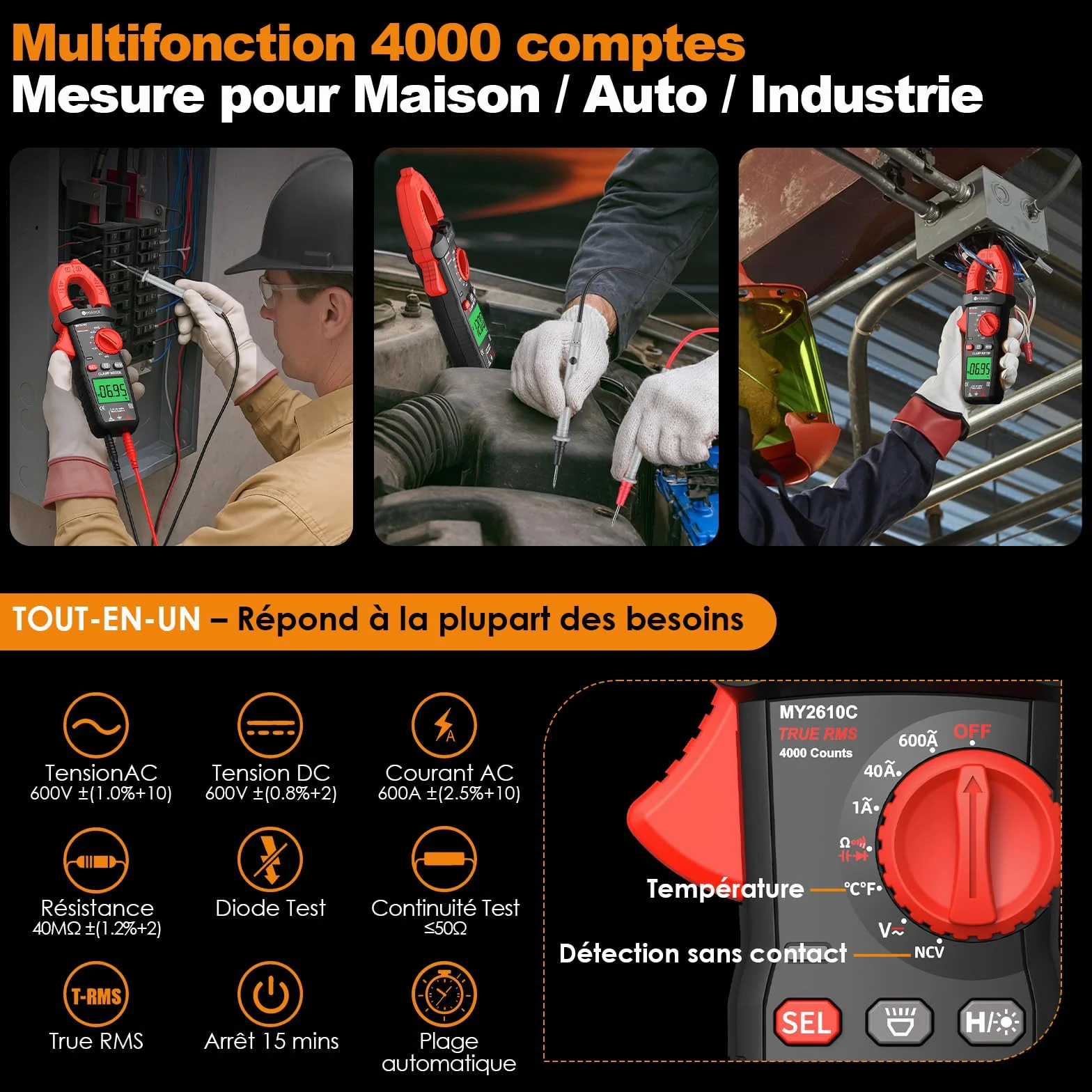 Neoteck Pince Ampèremétrique Numérique TRMS 4000 Counts - Multimètre Professionnel AC 600A Auto-Range NCV