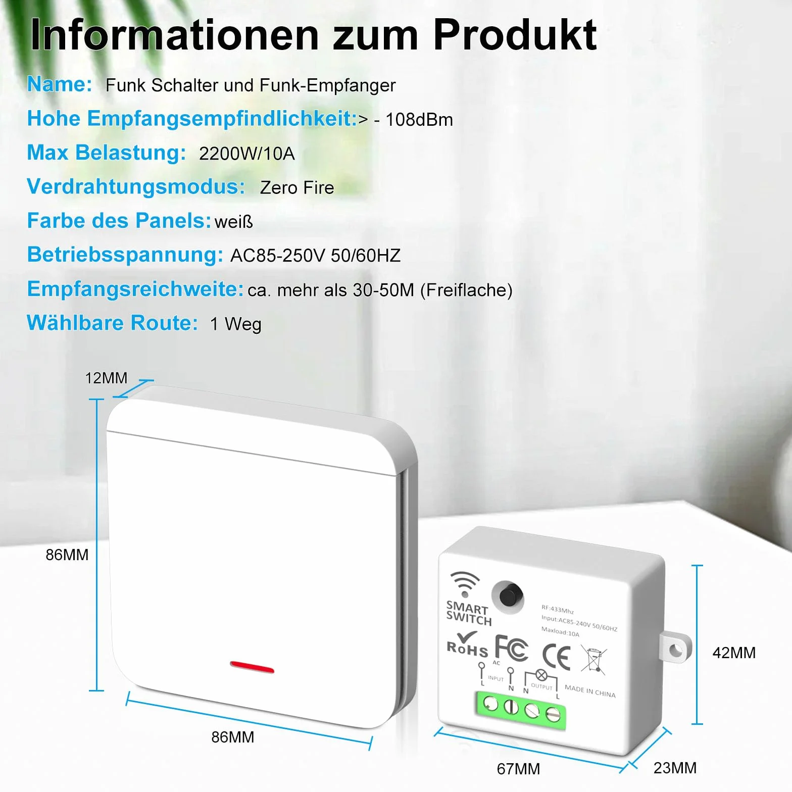 ARCELI Interrupteur Sans Fil Kit 433Mhz 2200W/10A 1 RF 2 Récepteurs Éclairage Intelligent 30-50M