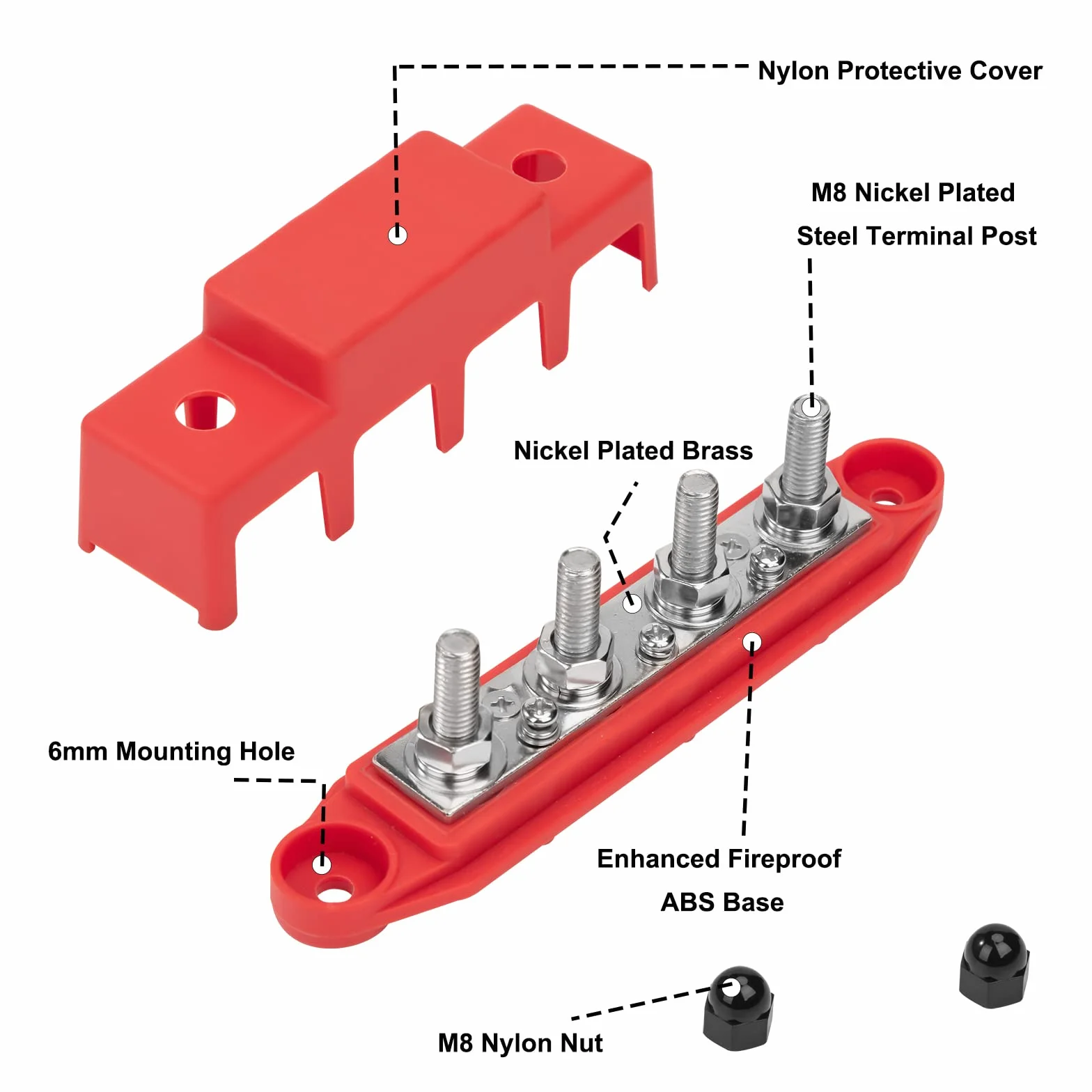 Bloc de Distribution d'Alimentation 12V-48V DC BusBar 250A avec Boulons M8 pour Voiture Camion Bateau 2 Pièces