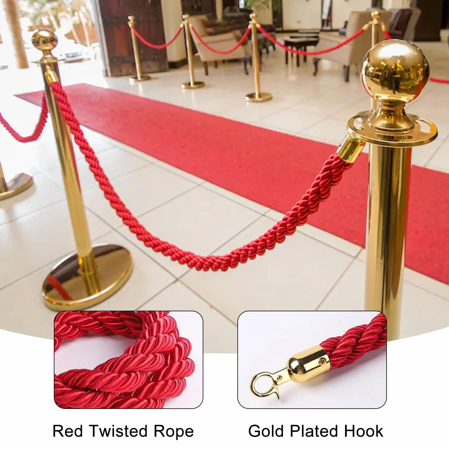 Corde de Guidage 1.5m Rouge pour Contrôle des Foules Hôtel Cinéma