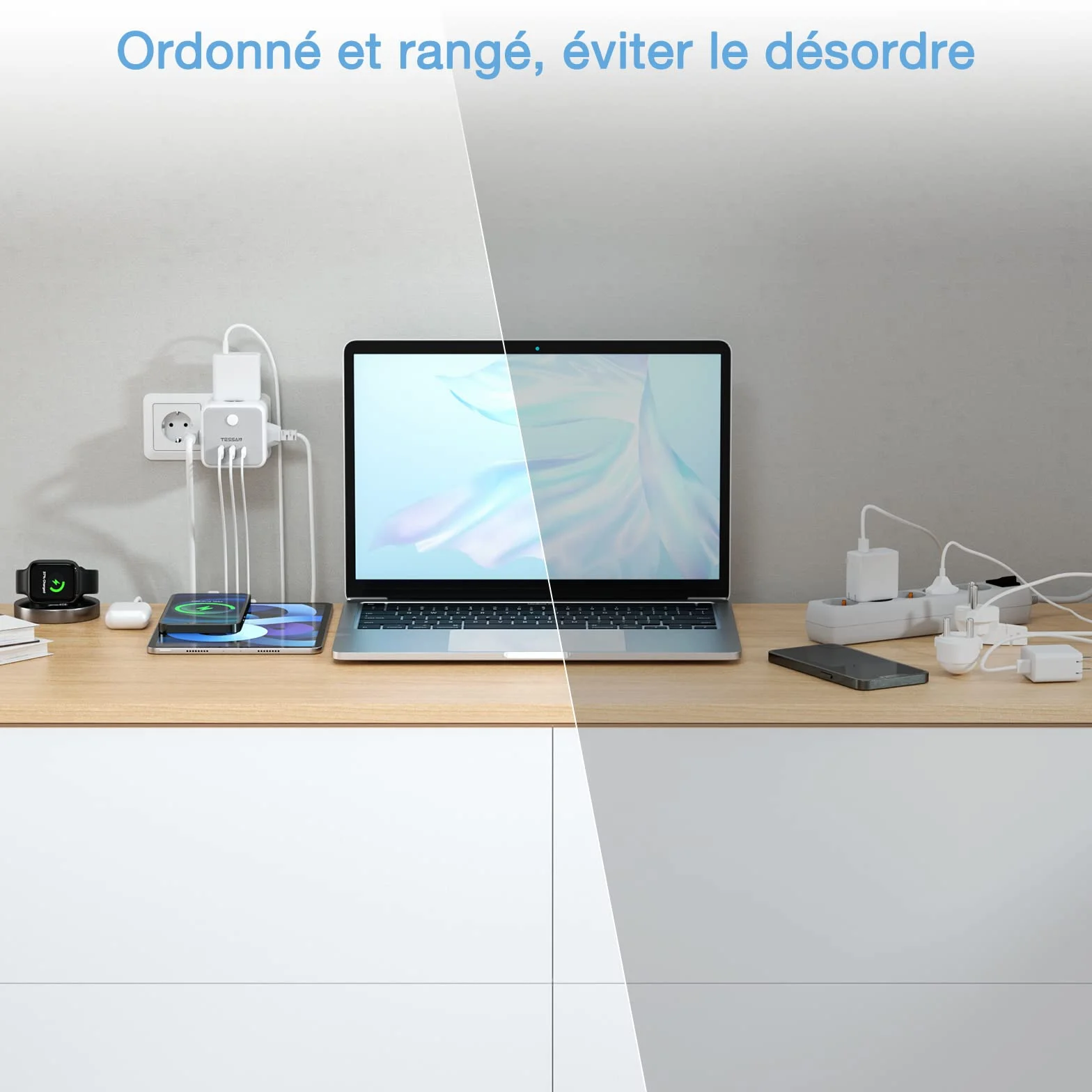 TESSAN Multiprise Cube 6-en-1 Chargeur USB Murale Prise Française 3 Sortie AC 3 Ports USB Adaptateur Secteur 2500W Gris