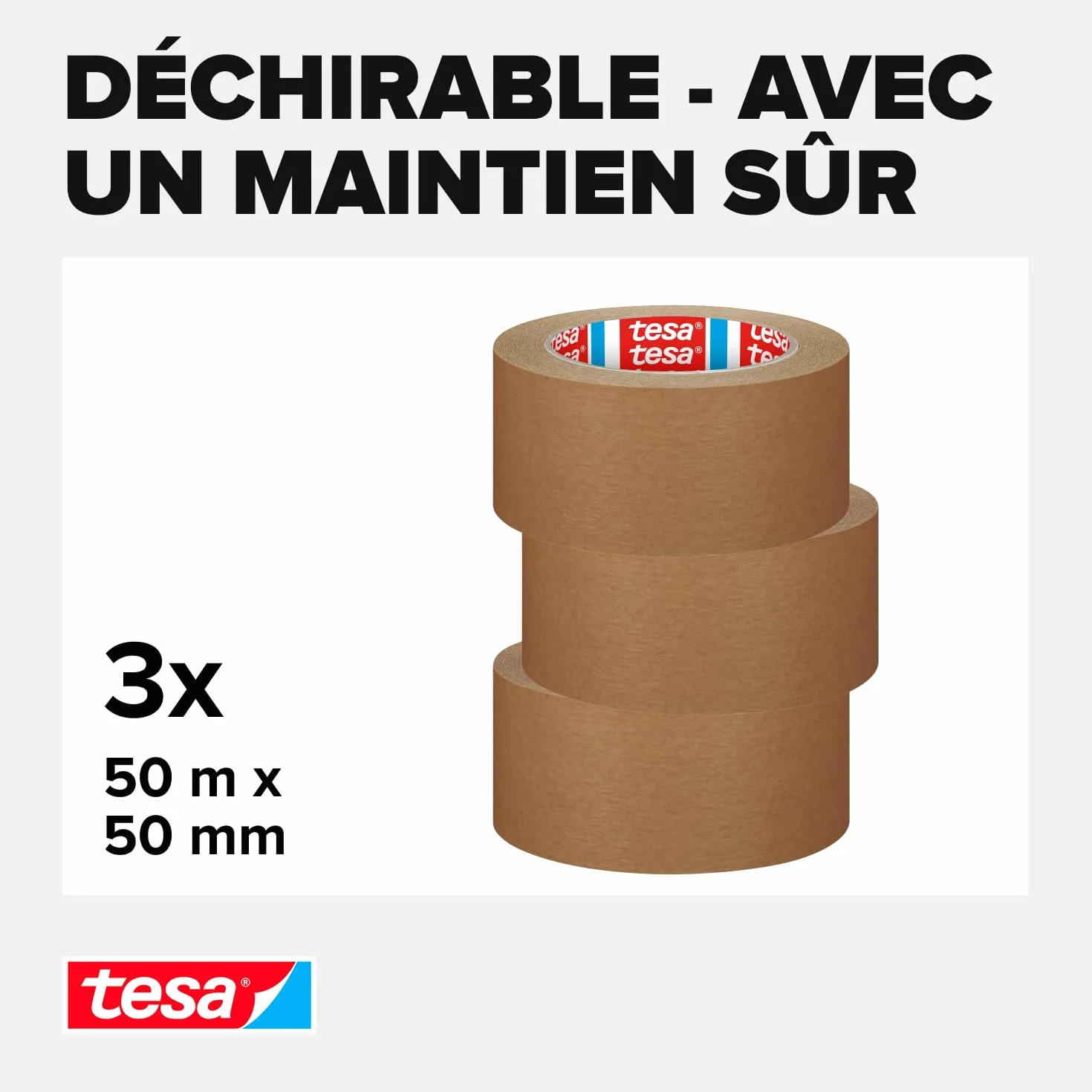 Tesa tesapack STANDARD PAPER Ruban d’emballage en papier Marron 3 rouleaux 50 m x 50 mm
