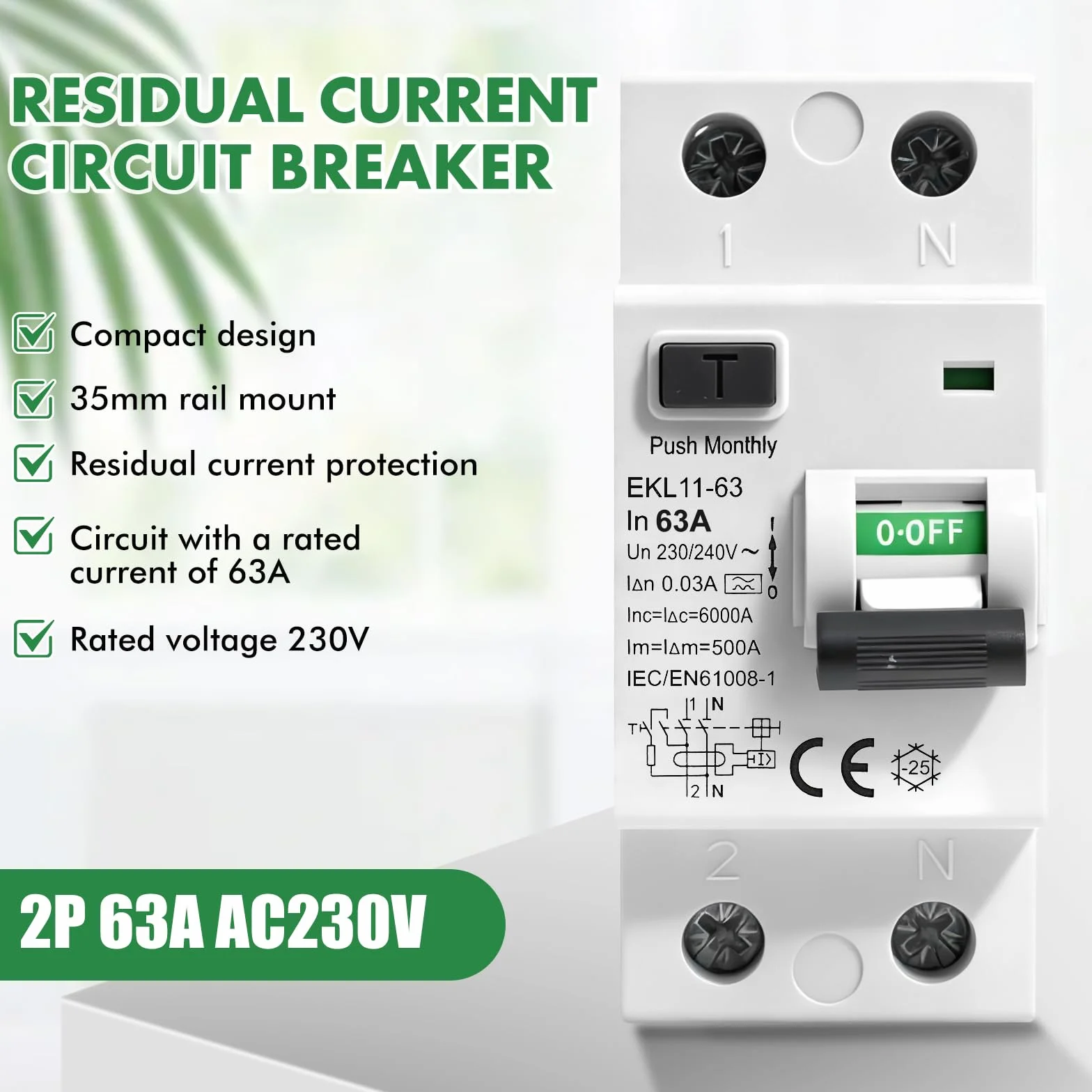 Disjoncteur différentiel 30mA 63A type A RCCB 2P AC230V EKL11-63 Protection contre les fuites