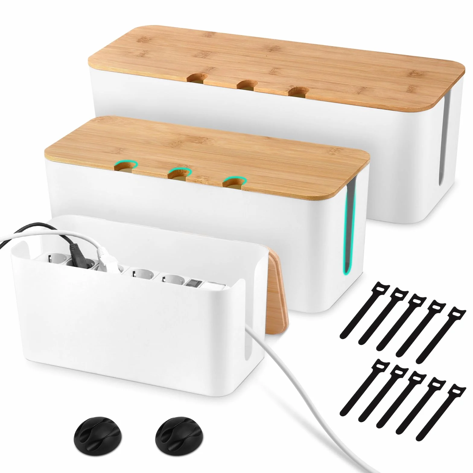 Lot de 3 Boîte de Rangement de Câbles en Bambou, Gestion des Câbles avec Couvercle, Cache-Câble Électrique, 3 Tailles
