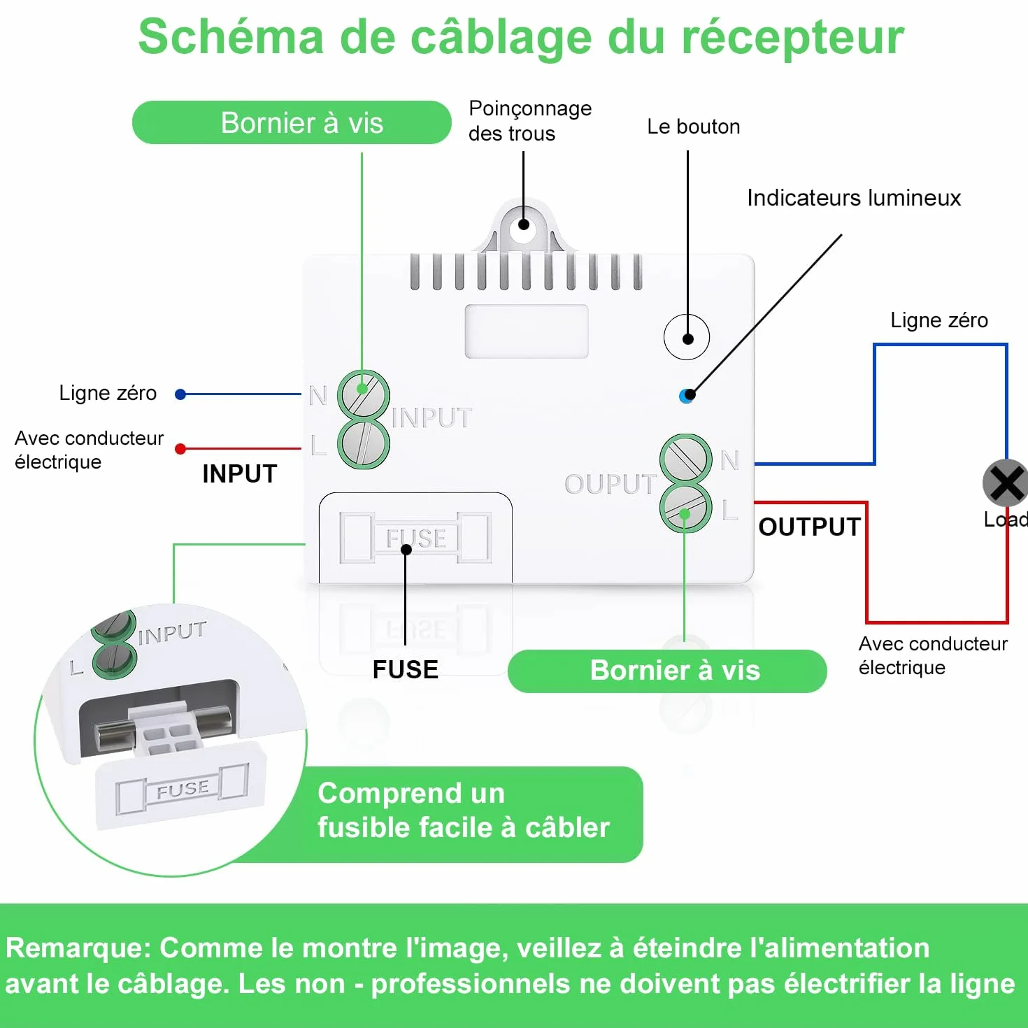 Interrupteur d'éclairage sans fil mural IP67 auto-alimenté avec récepteur