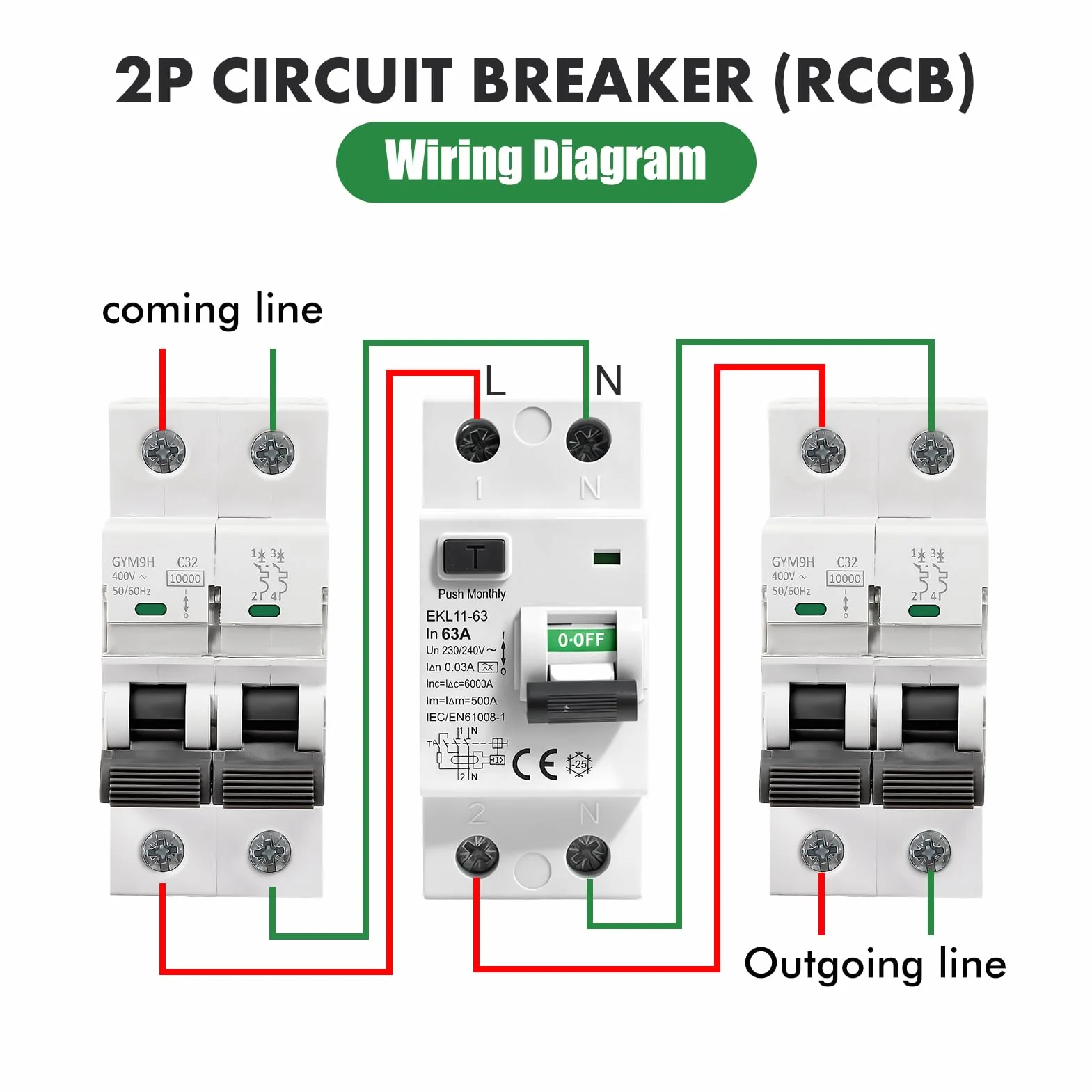 Disjoncteur différentiel 30mA 63A type A RCCB 2P AC230V EKL11-63 Protection contre les fuites