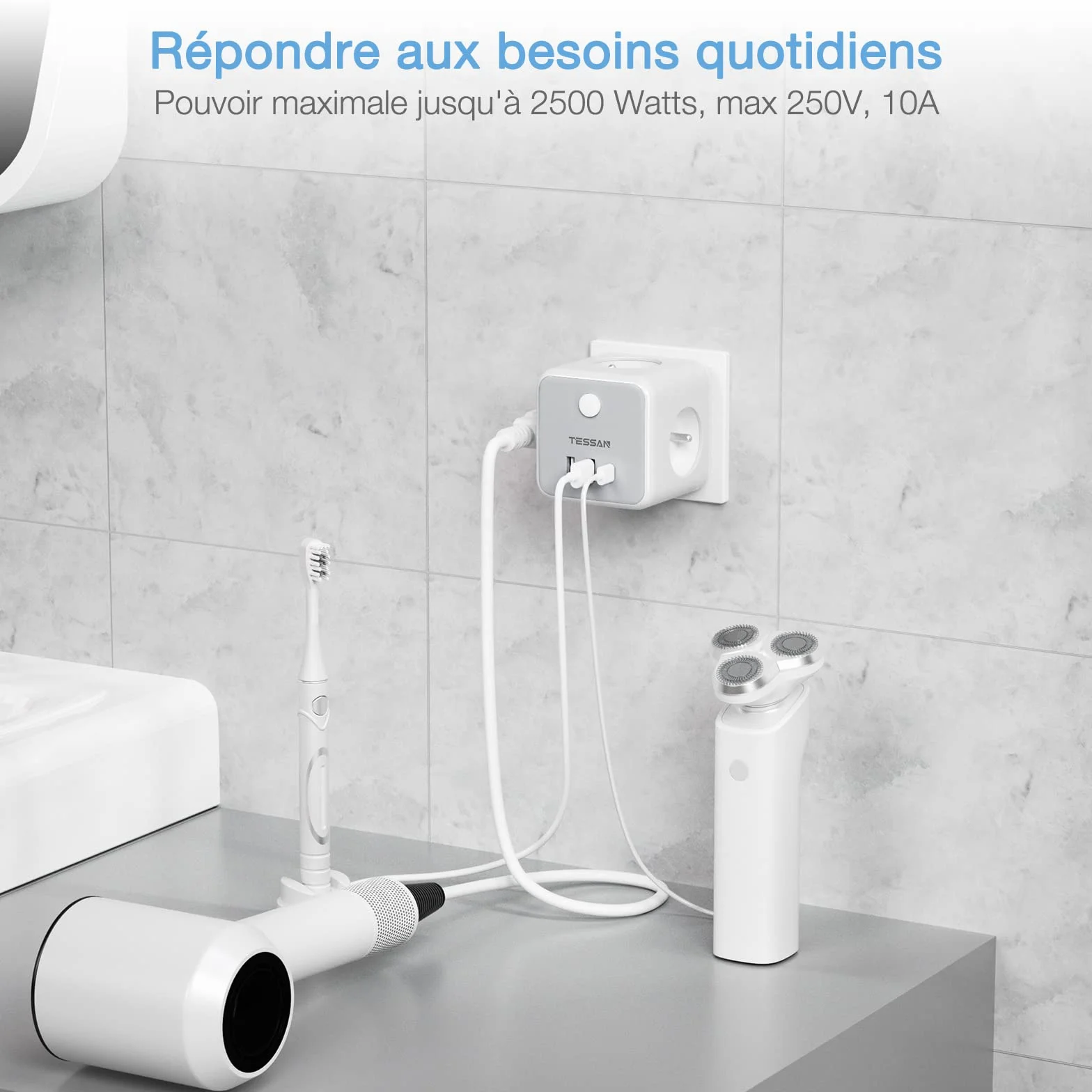 TESSAN Multiprise Cube 6-en-1 Chargeur USB Murale Prise Française 3 Sortie AC 3 Ports USB Adaptateur Secteur 2500W Gris