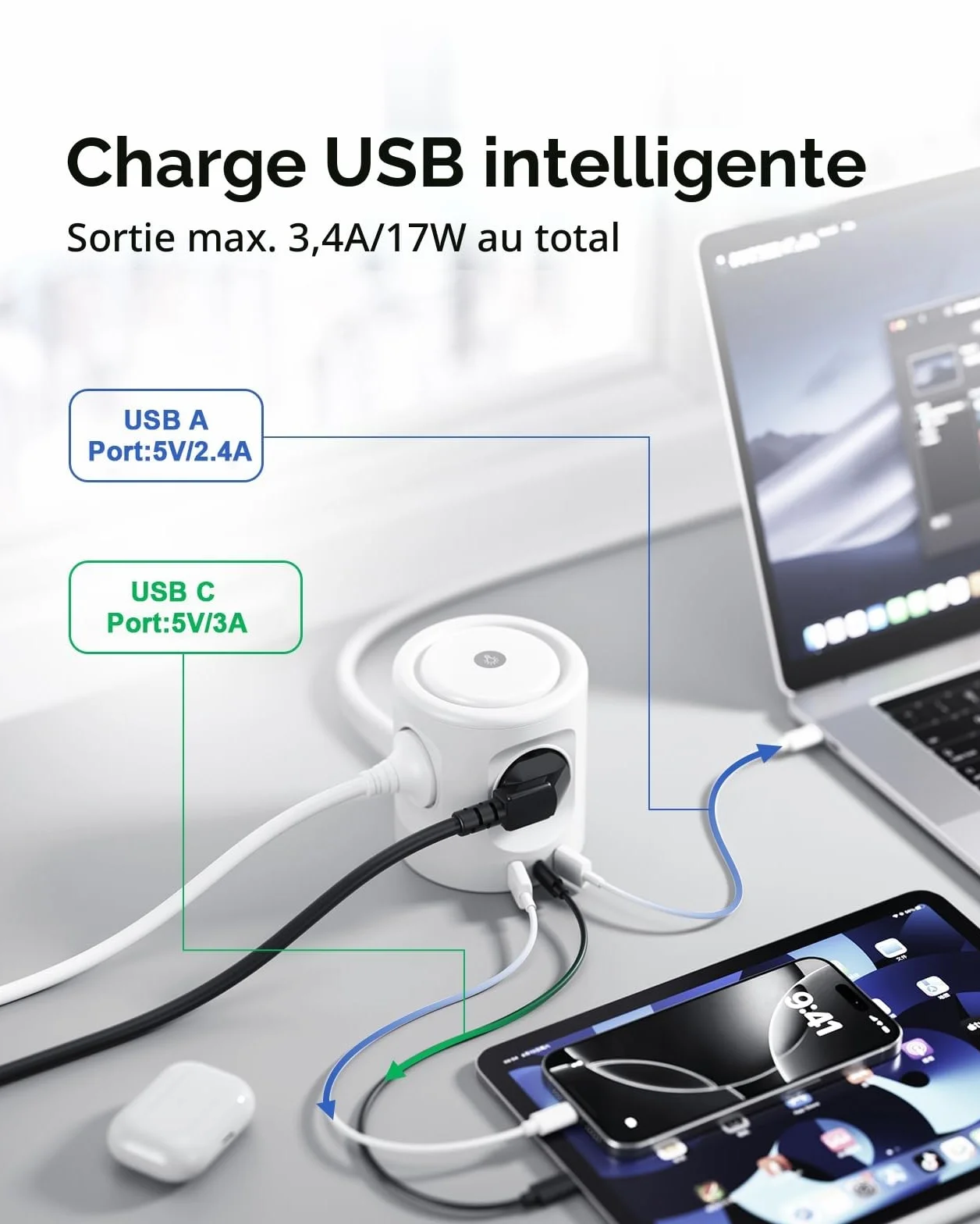 Multiprise avec lumière 4 Prises + 3 USB, Protection S.O., Cube 3 Modes écl., 2 m, 16 A