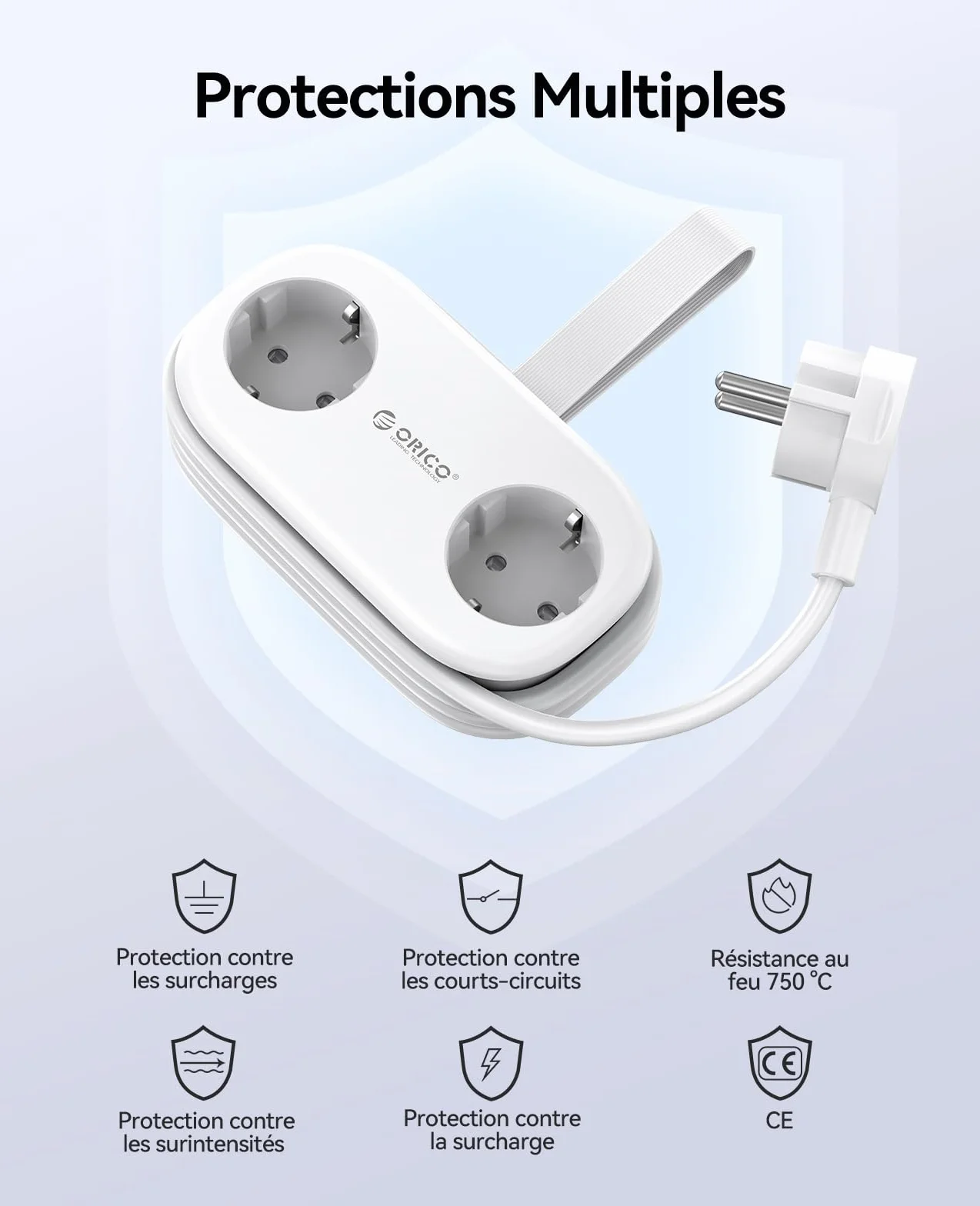 ORICO Multiprise Voyage 2 Prises USB-C 20W PD Blanc Compacte Portable Cordon 1,5m