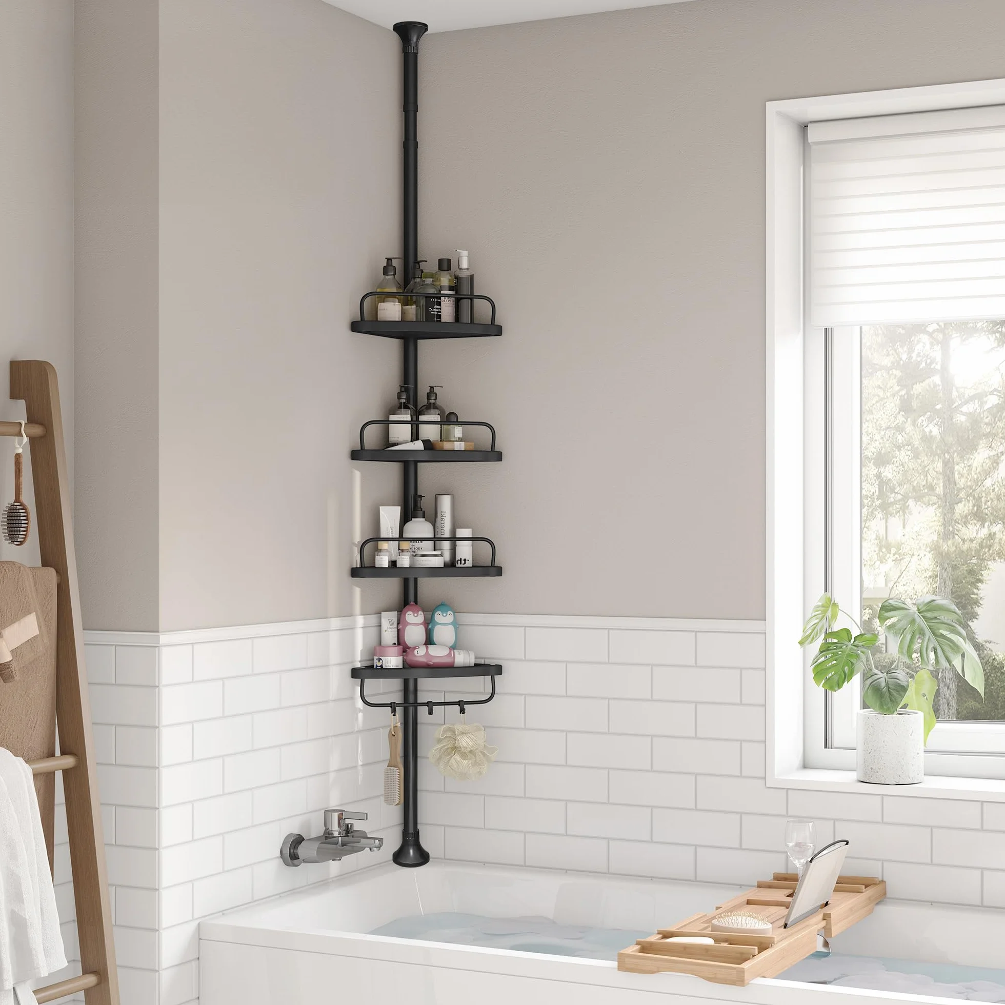 SONGMICS Étagère de Douche Réglable 4 Niveaux, Étagère d'angle Télescopique, Hauteur 85-305 cm, Rangement Salle de Bain Noir