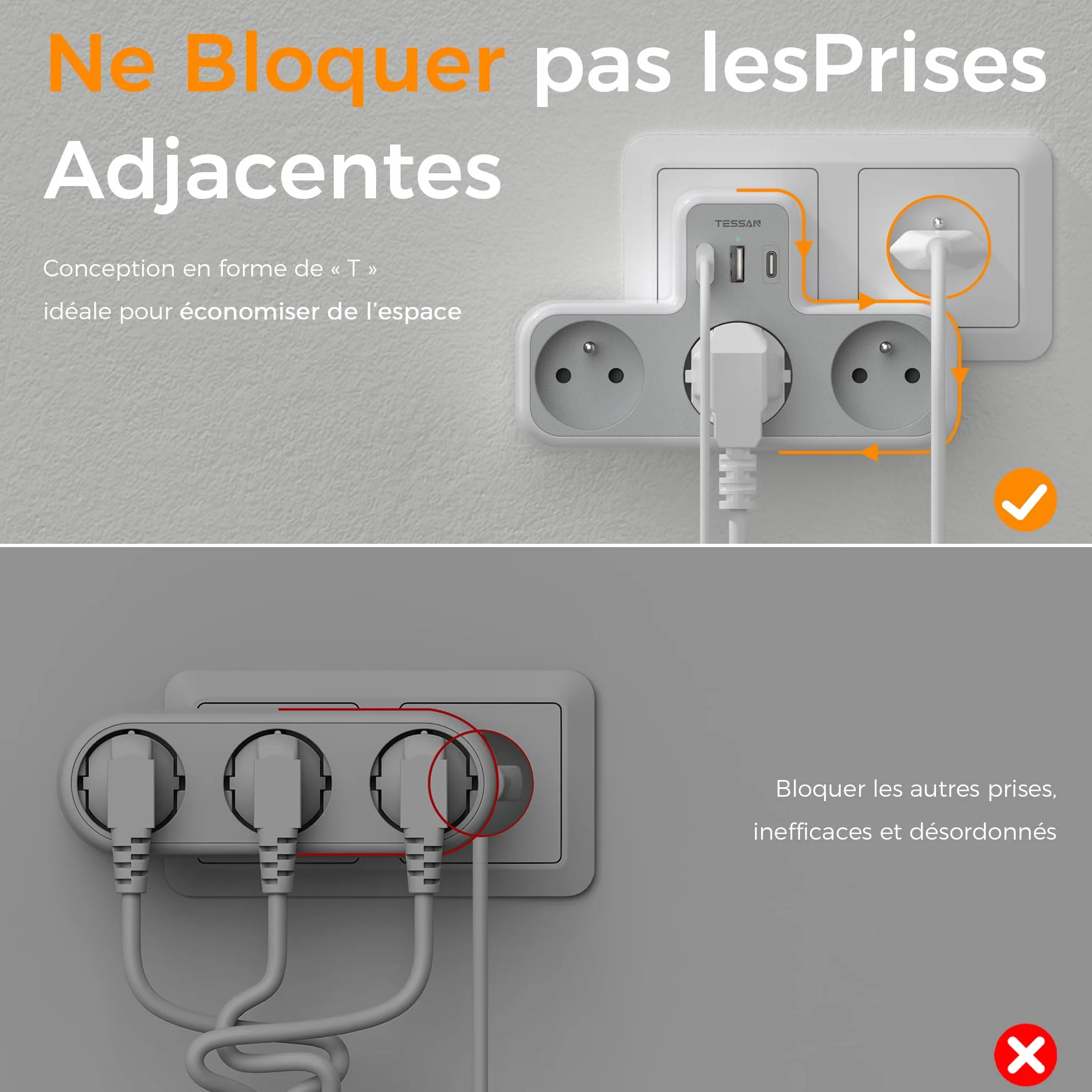 TESSAN Multiprise Murale Française 3 Sortie AC 3 Ports USB 6 en 1 Prise Chargeur 4000W