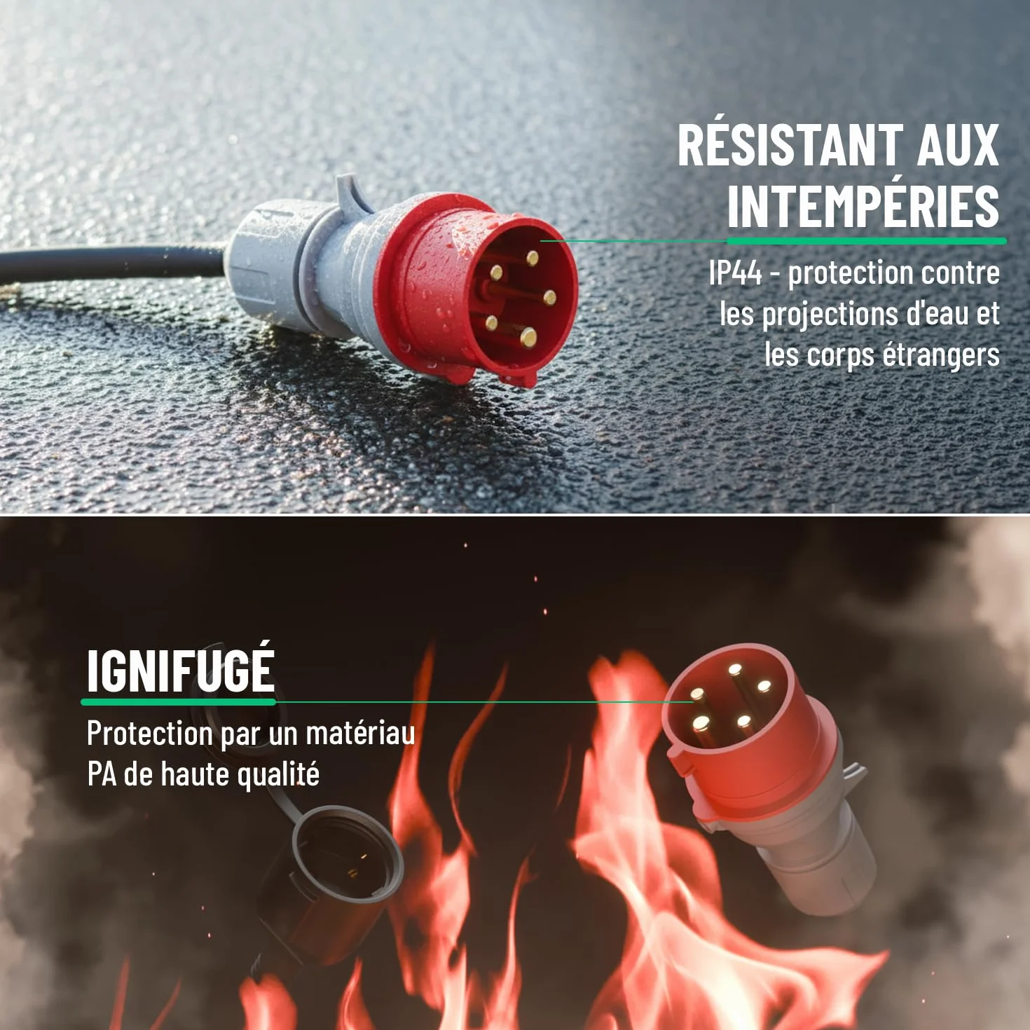 Adaptateur triphasé en monophasé CEE 16A vers prise Schuko câble 50 cm IP44